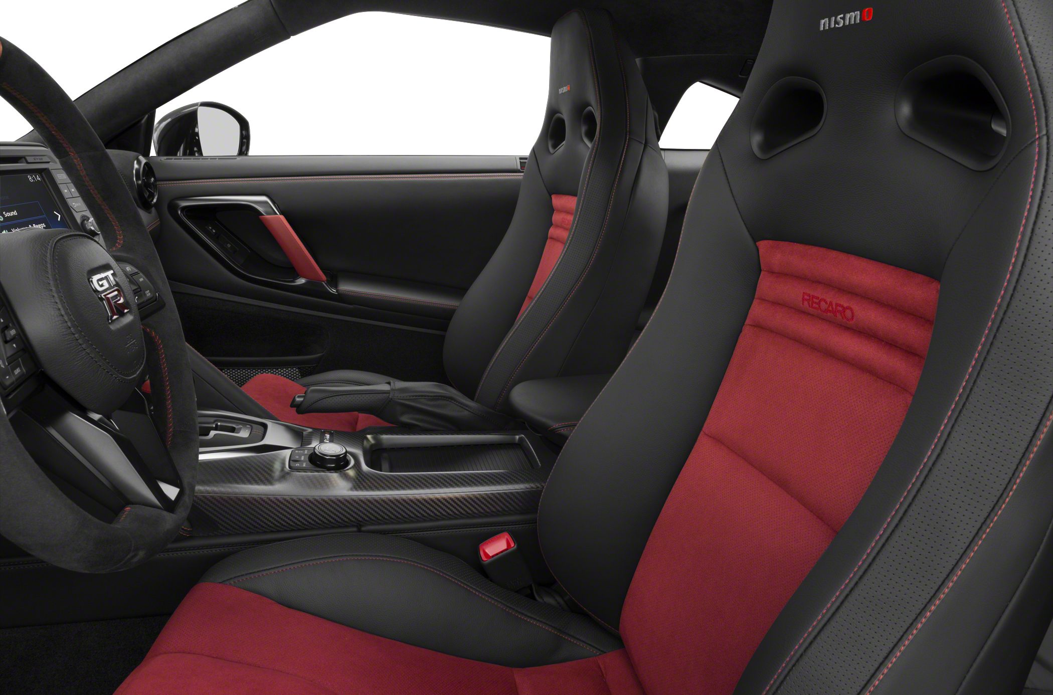 Recaro sport seats with red and black upholstery, carbon fiber center console