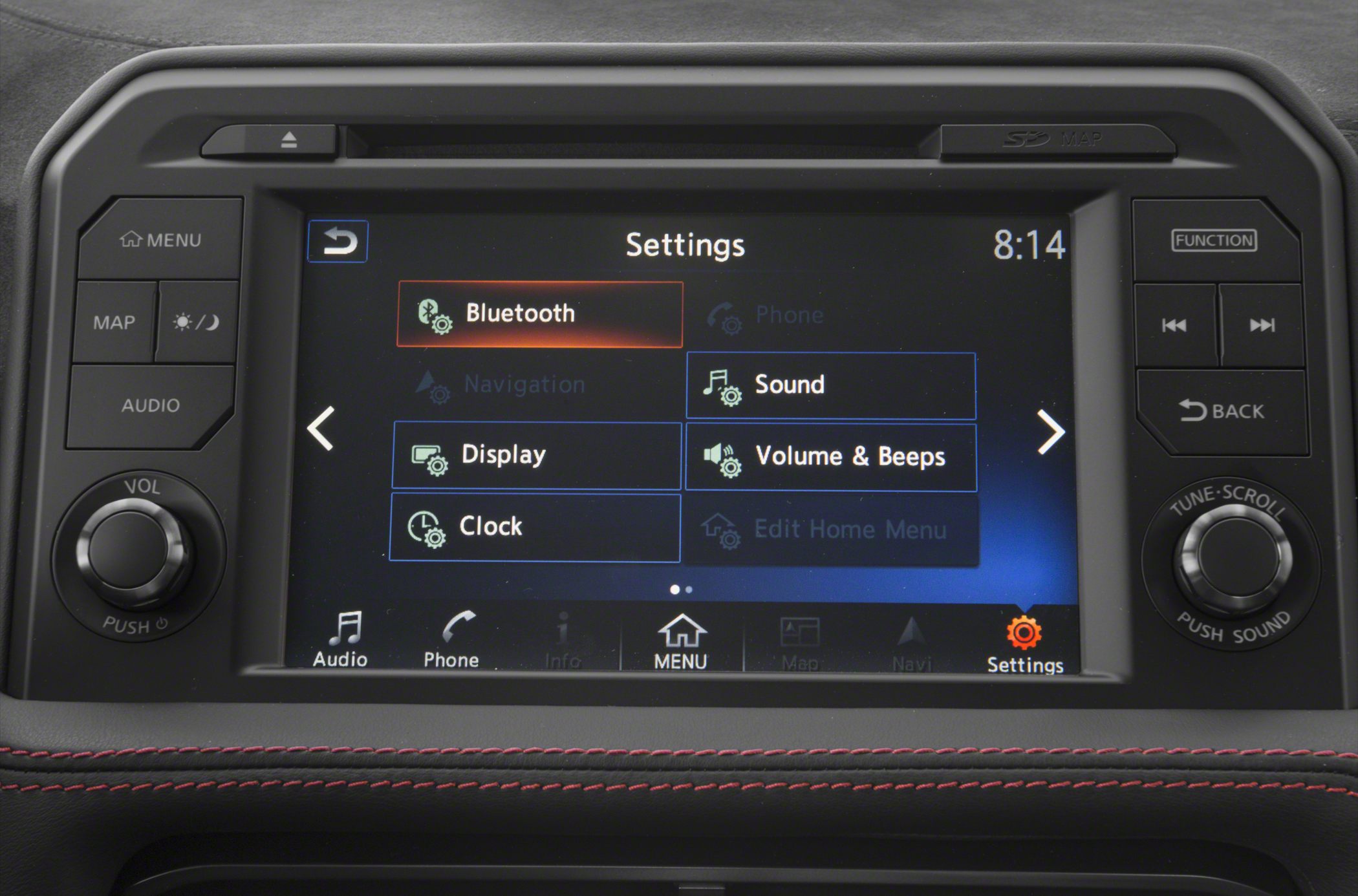 Touchscreen infotainment system with Bluetooth and sound settings.