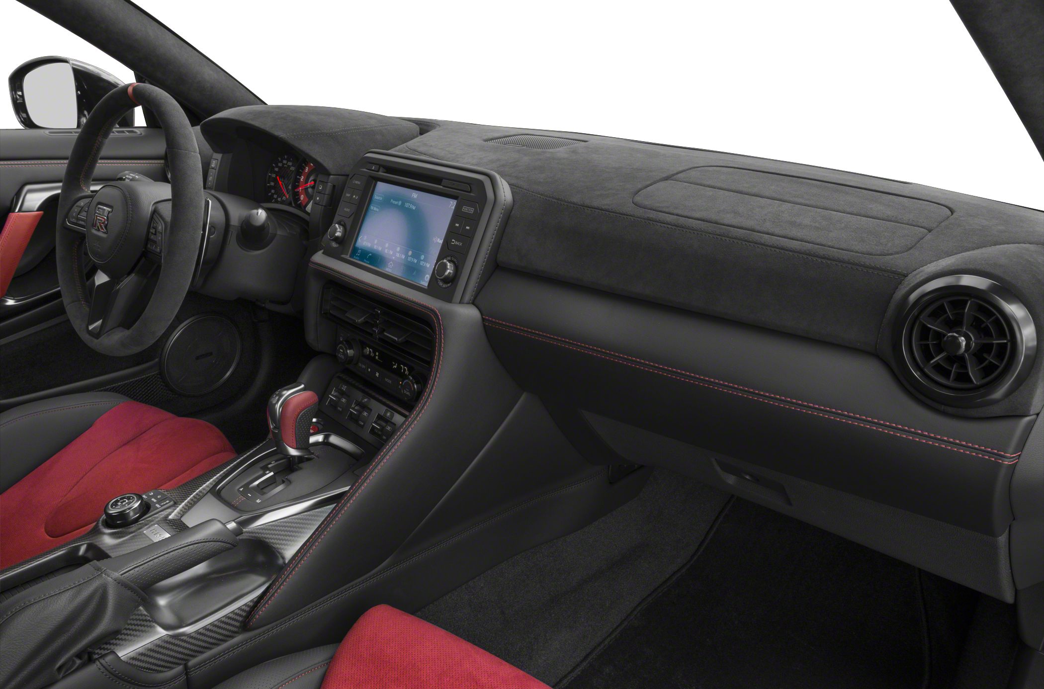 Red Alcantara seats, carbon fiber trim, advanced dashboard with infotainment screen