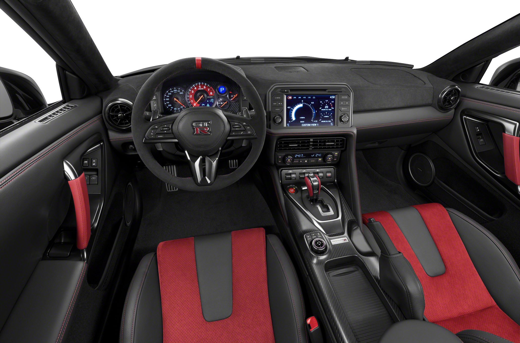 Dashboard, steering wheel, sporty red and black seats