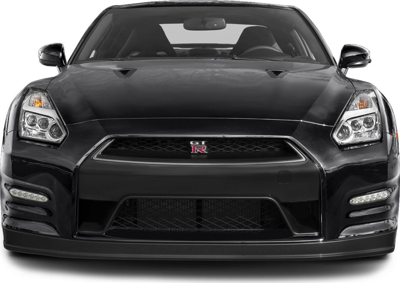 Aggressive front grille and sharp headlights of a sports car.