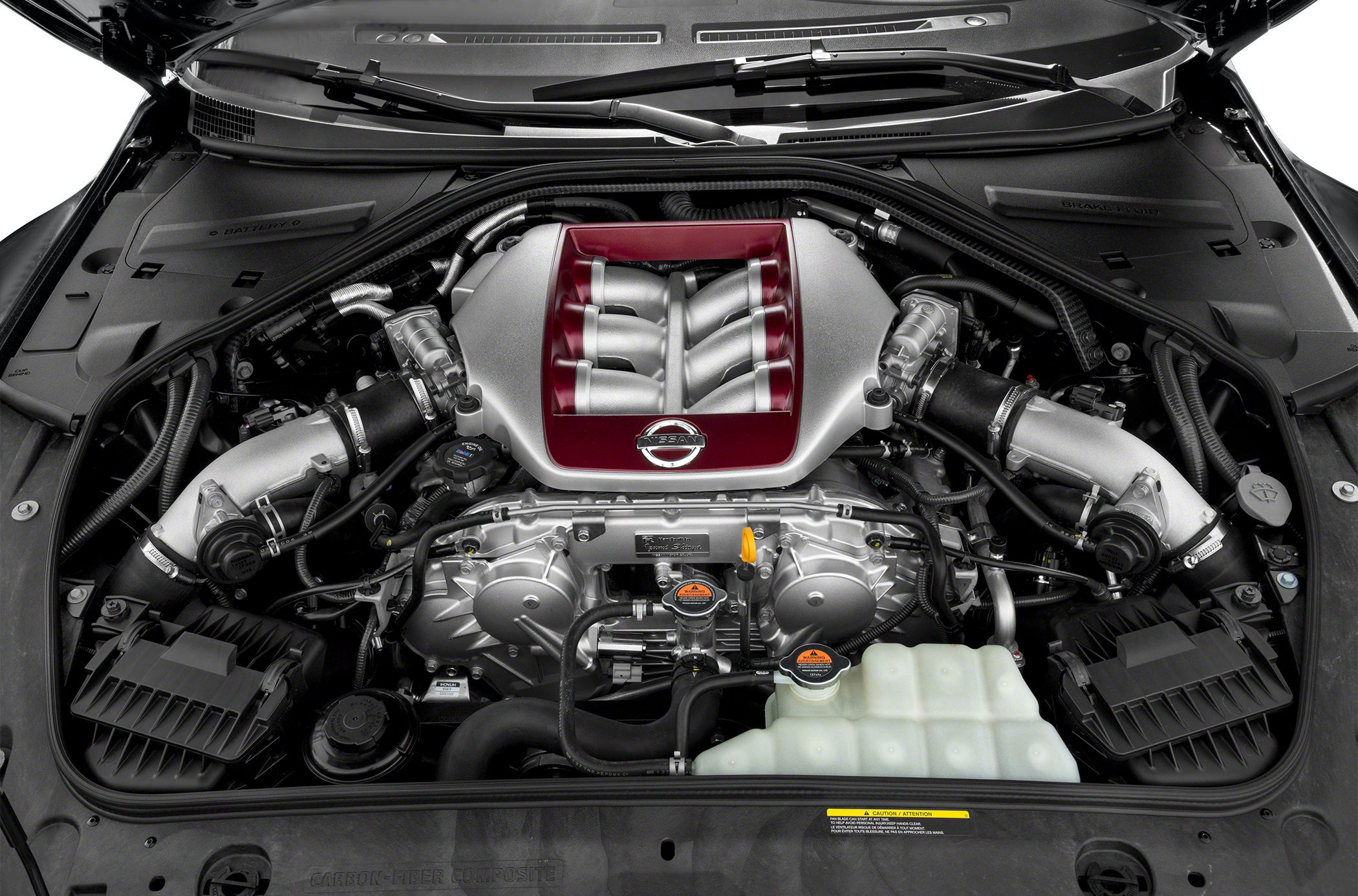 High-performance engine bay with distinctive intake manifold and twin turbos