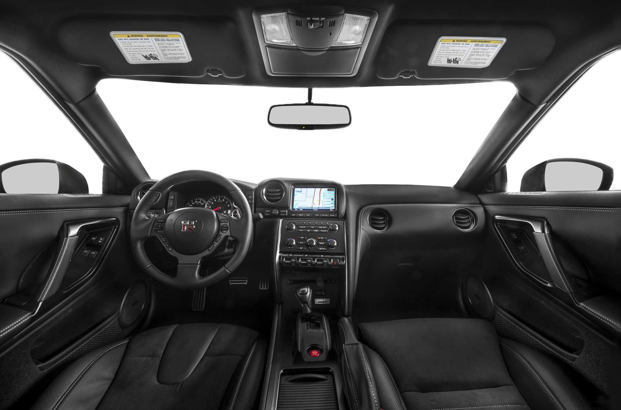 Dashboard, steering wheel, and central console interior view.