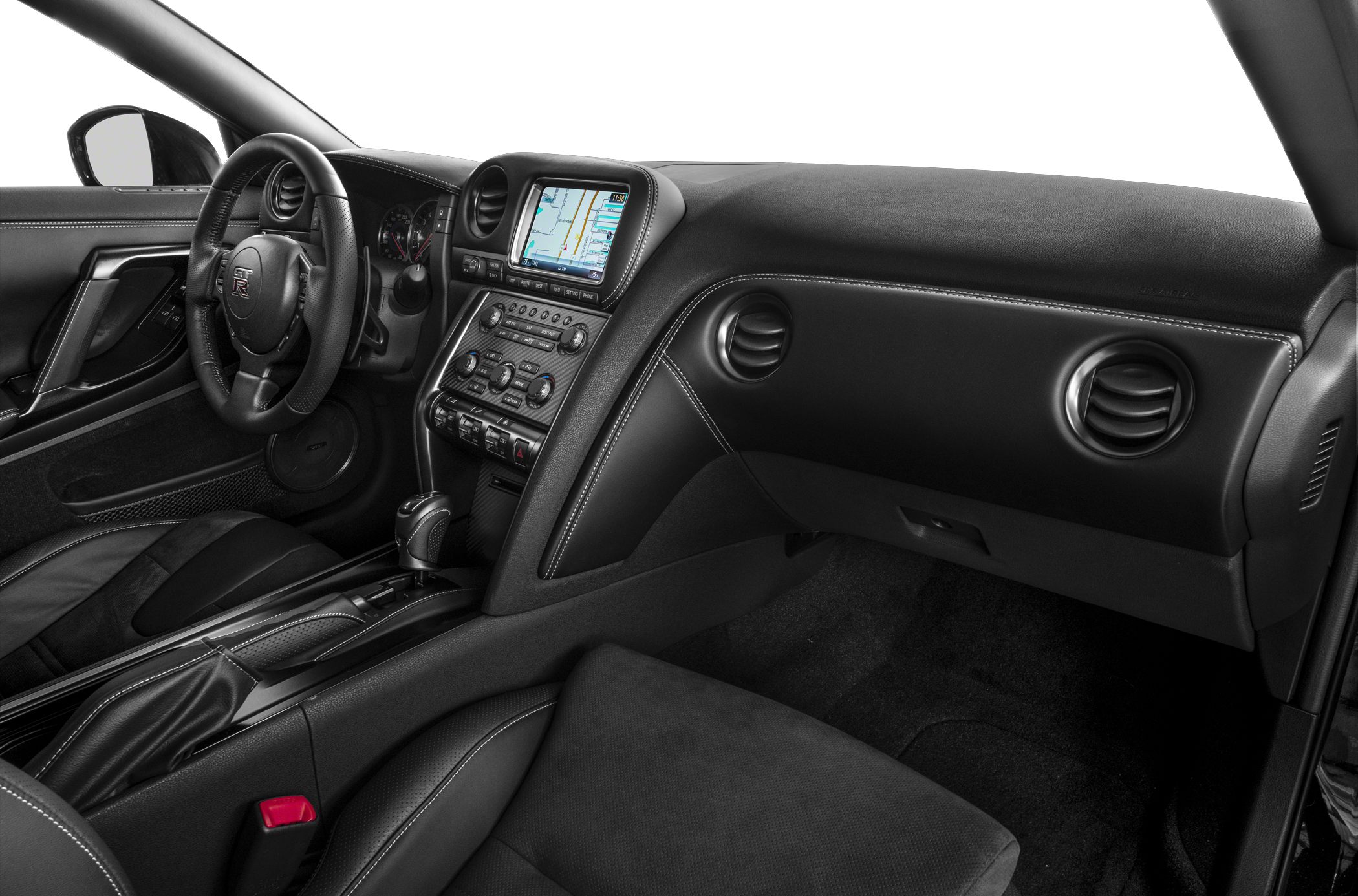 Sporty black interior with navigation screen and GT-R branded steering wheel
