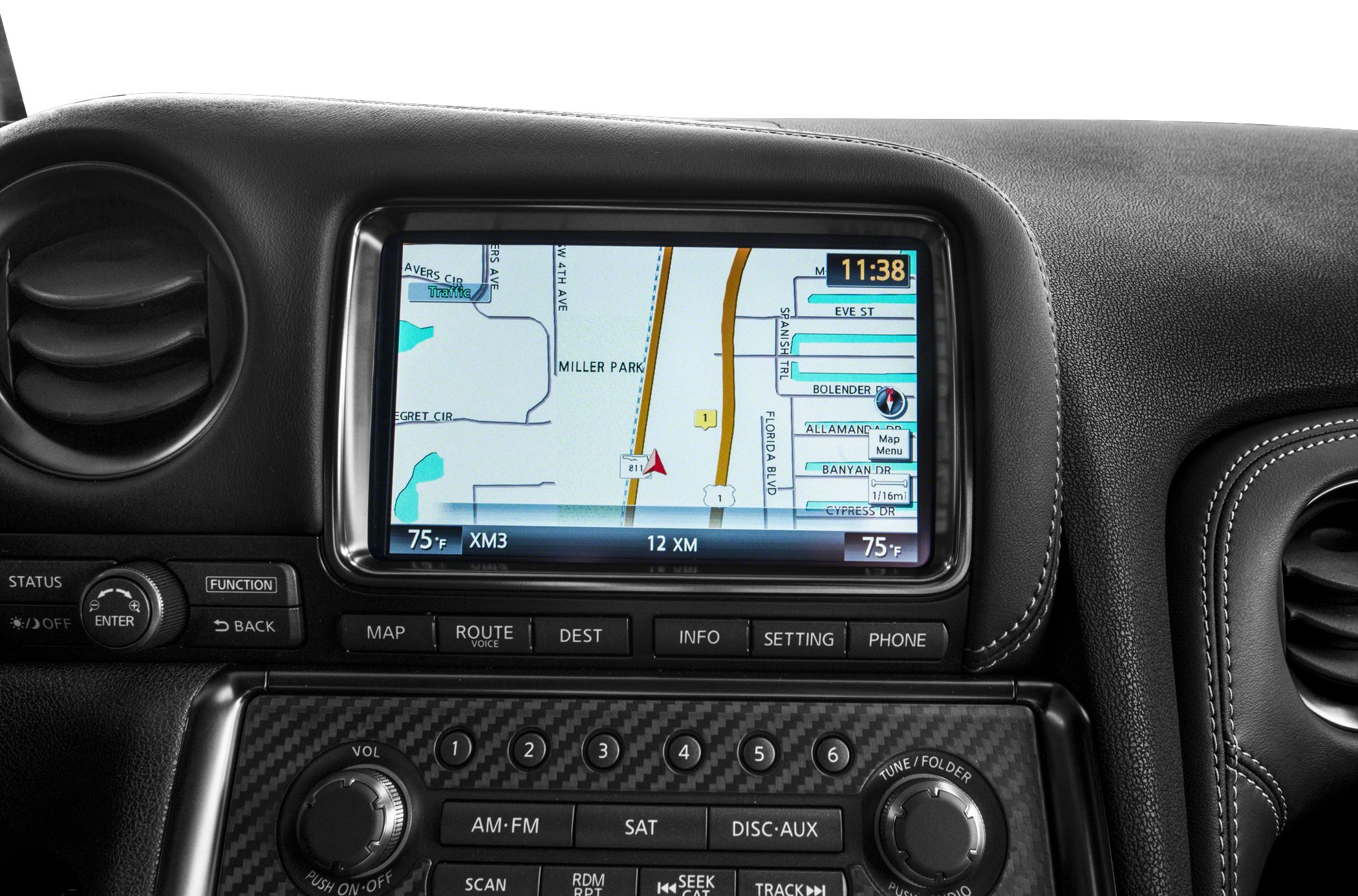 GPS navigation screen and audio control panel with carbon fiber trim