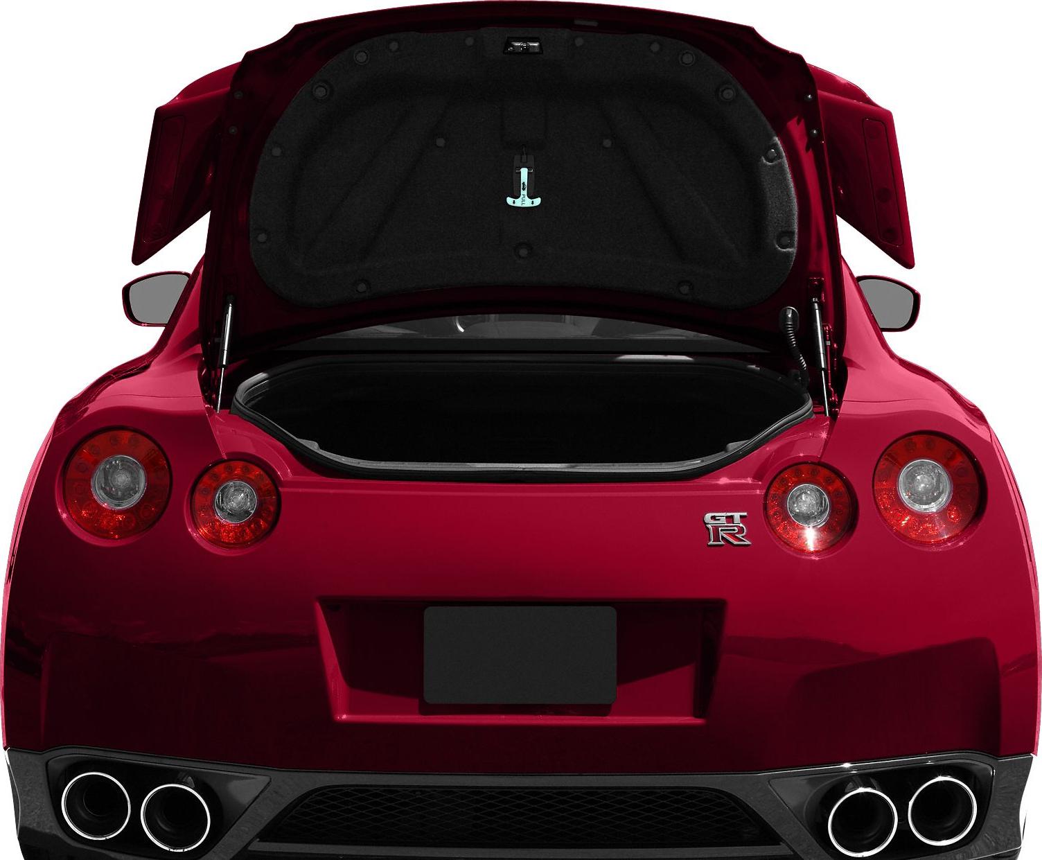 Rear view with open trunk, quad exhaust tips, round taillights