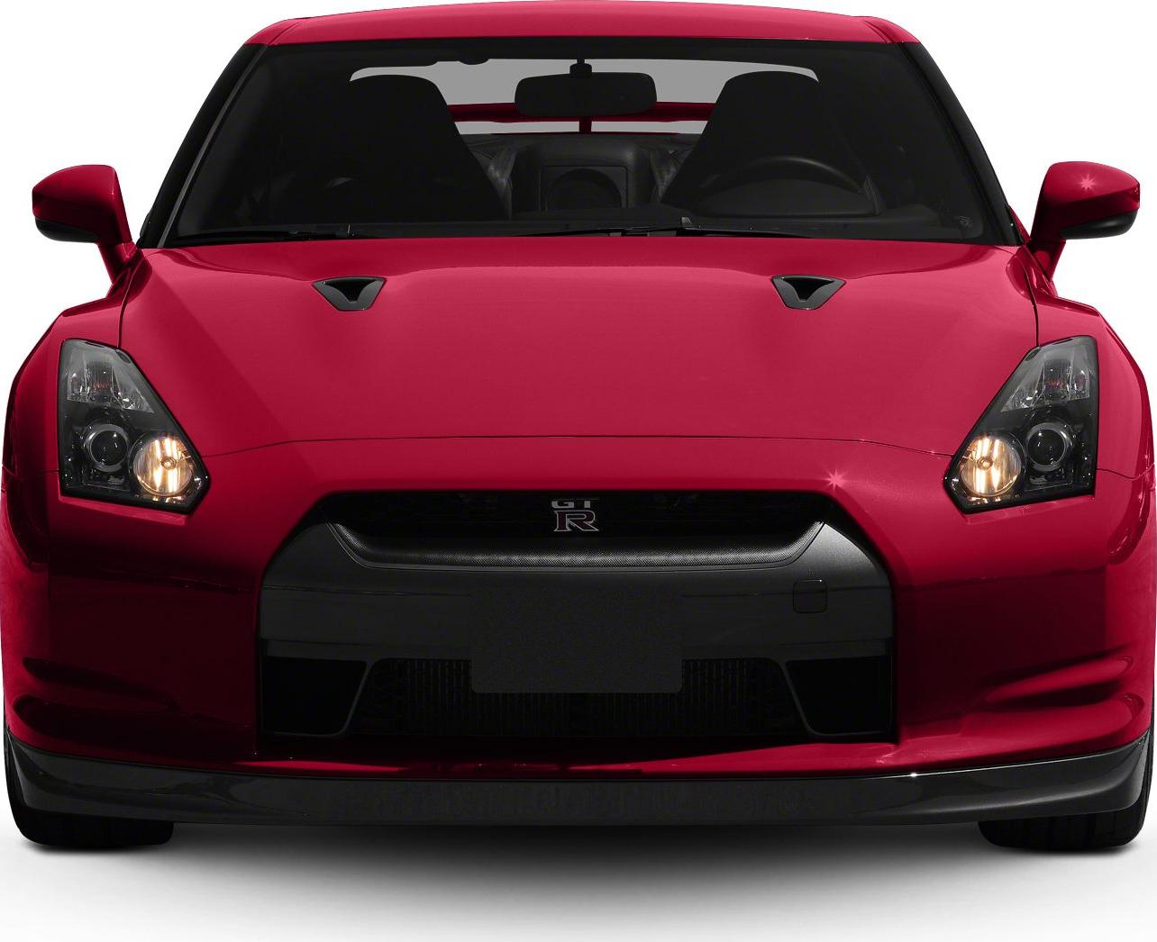 Red front view with headlights and aggressive grille