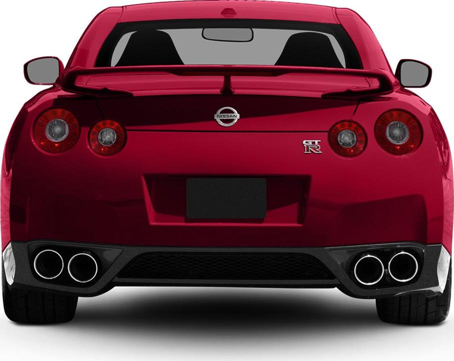 Rear view with round tail lights, quad exhaust, and rear spoiler
