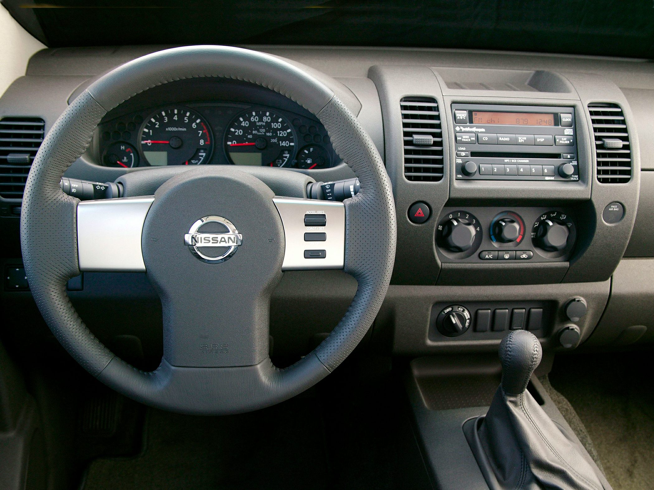 Steering wheel and dashboard with control panel and gear shift