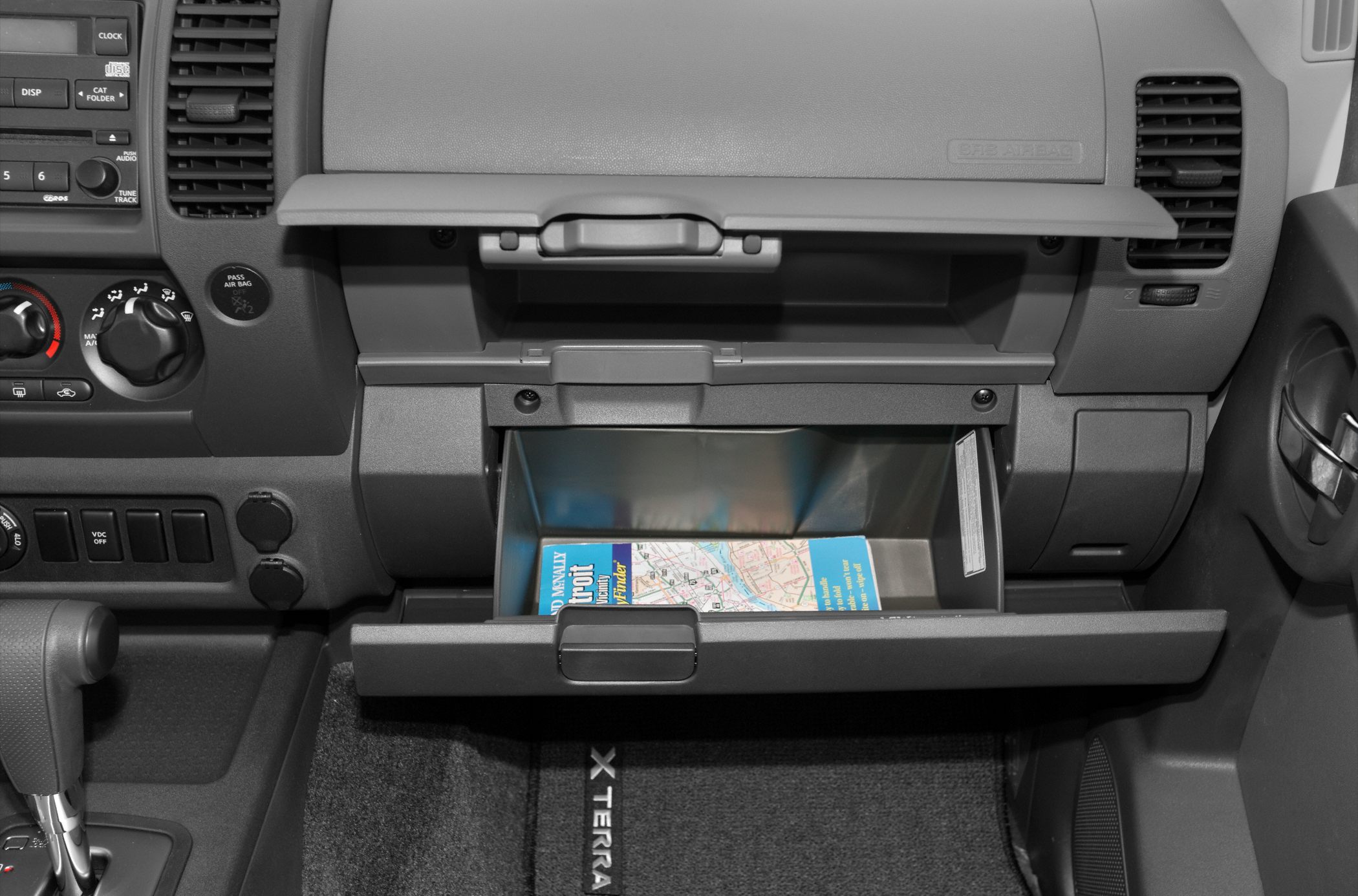 Open glove compartment and center console details