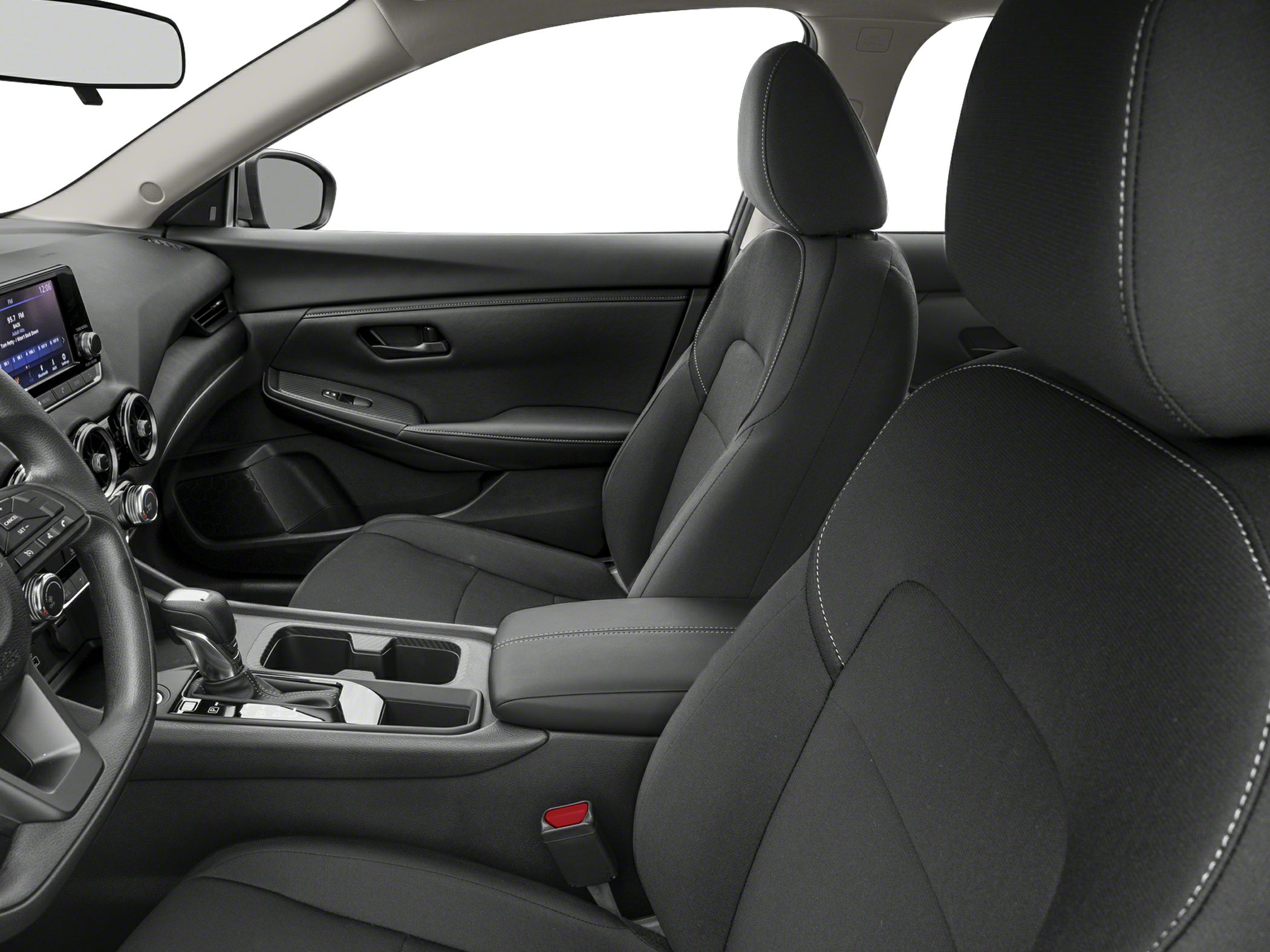 Black fabric front seats with white stitching and modern center console with gear selector and infotainment screen