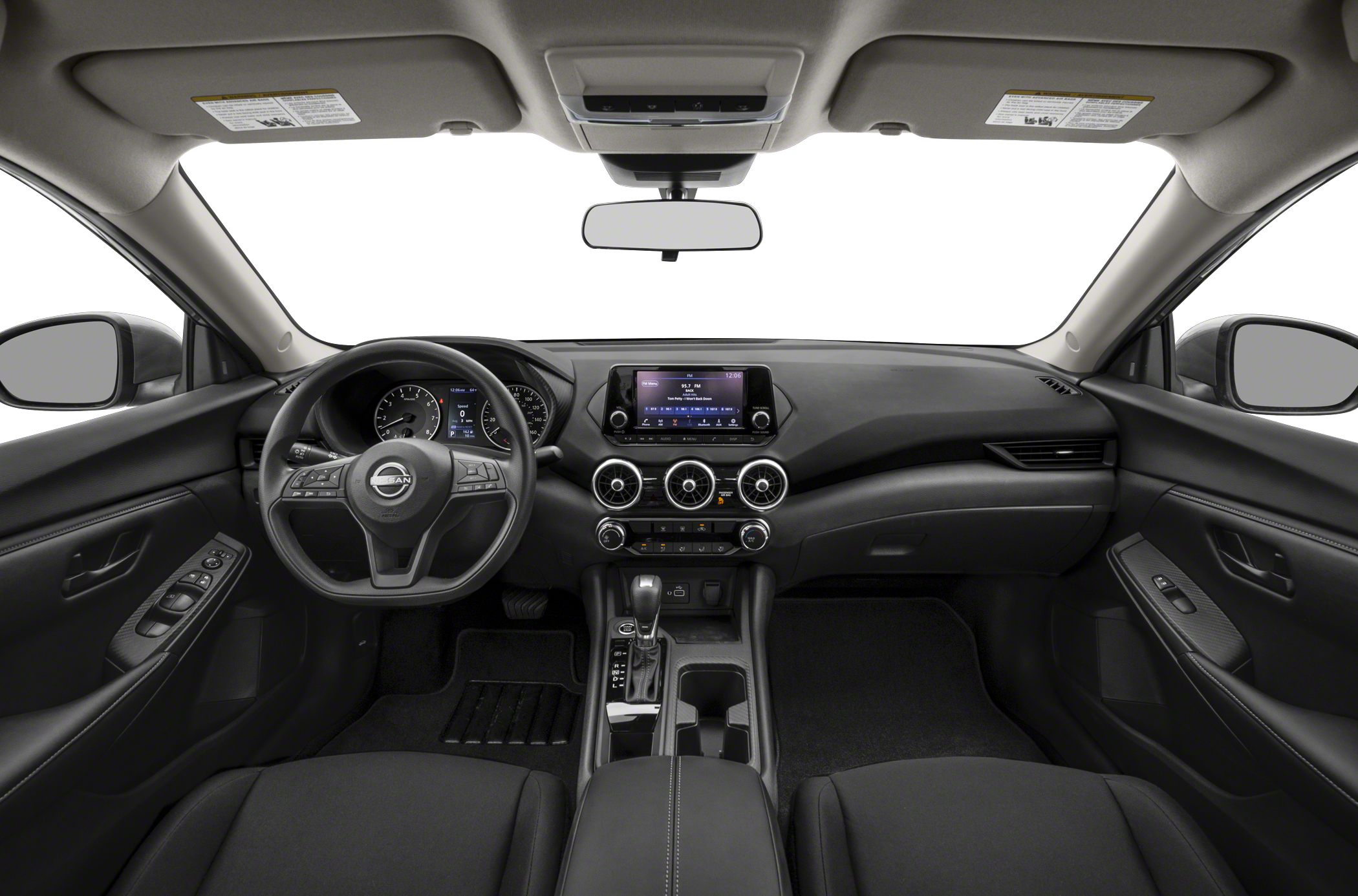 Modern dashboard with touchscreen, circular air vents, and multifunction steering wheel
