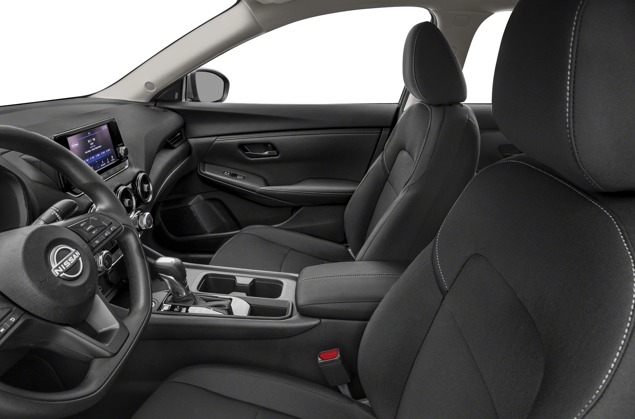 Modern dashboard with touchscreen and comfortable front seats with stitching