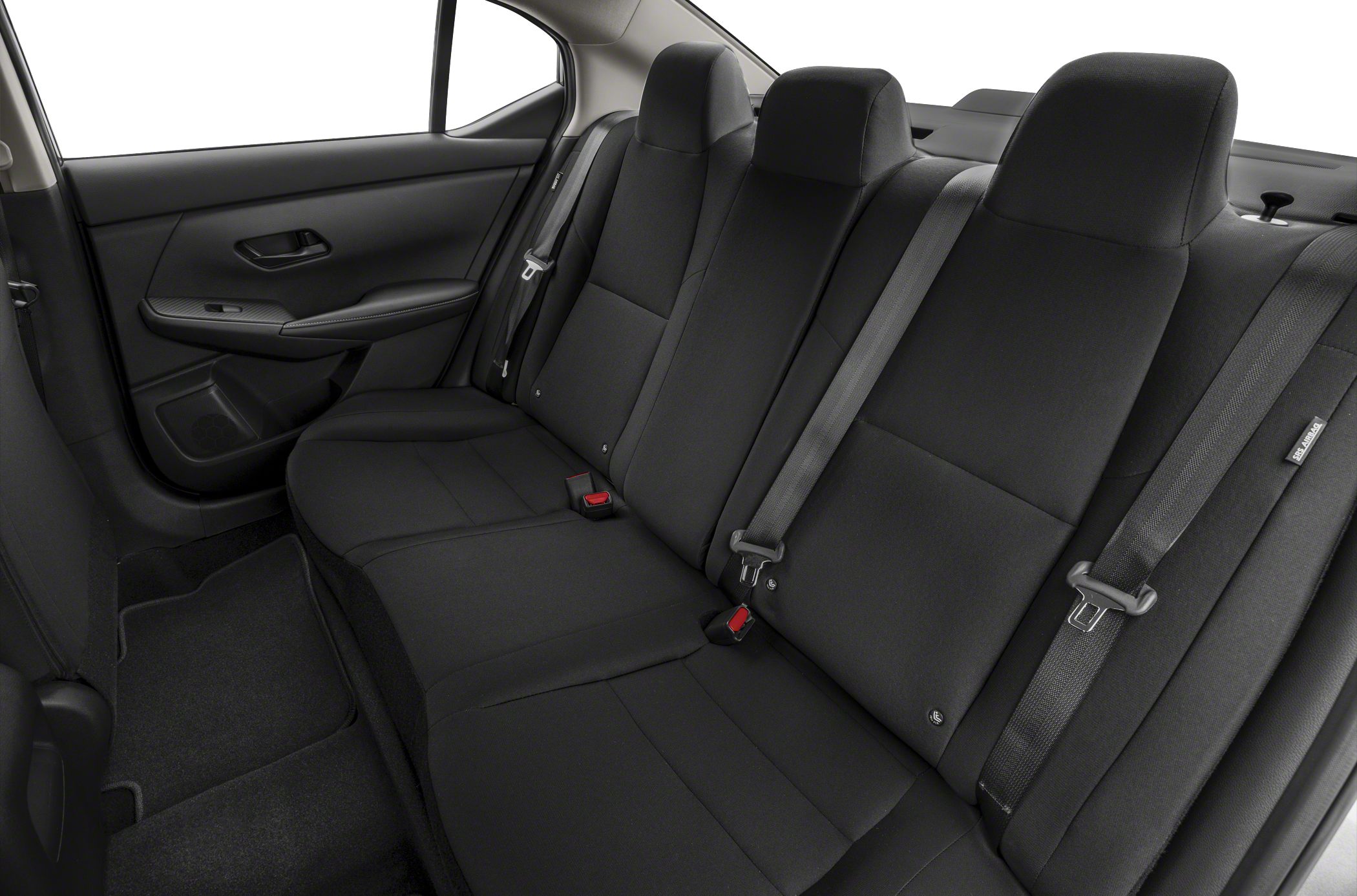 Black rear seat upholstery with seat belts and door panel