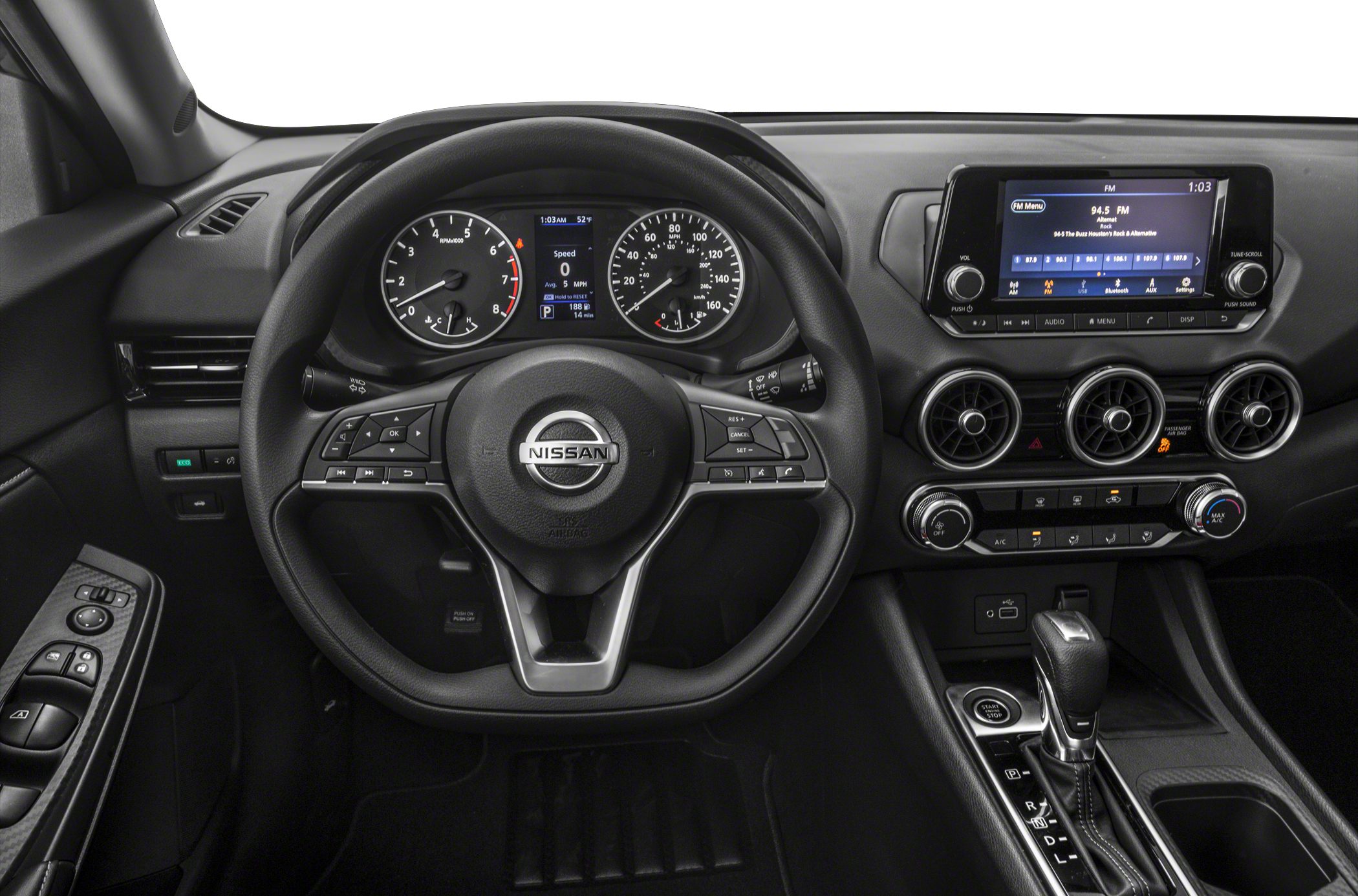 Steering wheel, dashboard with instrument cluster and infotainment display