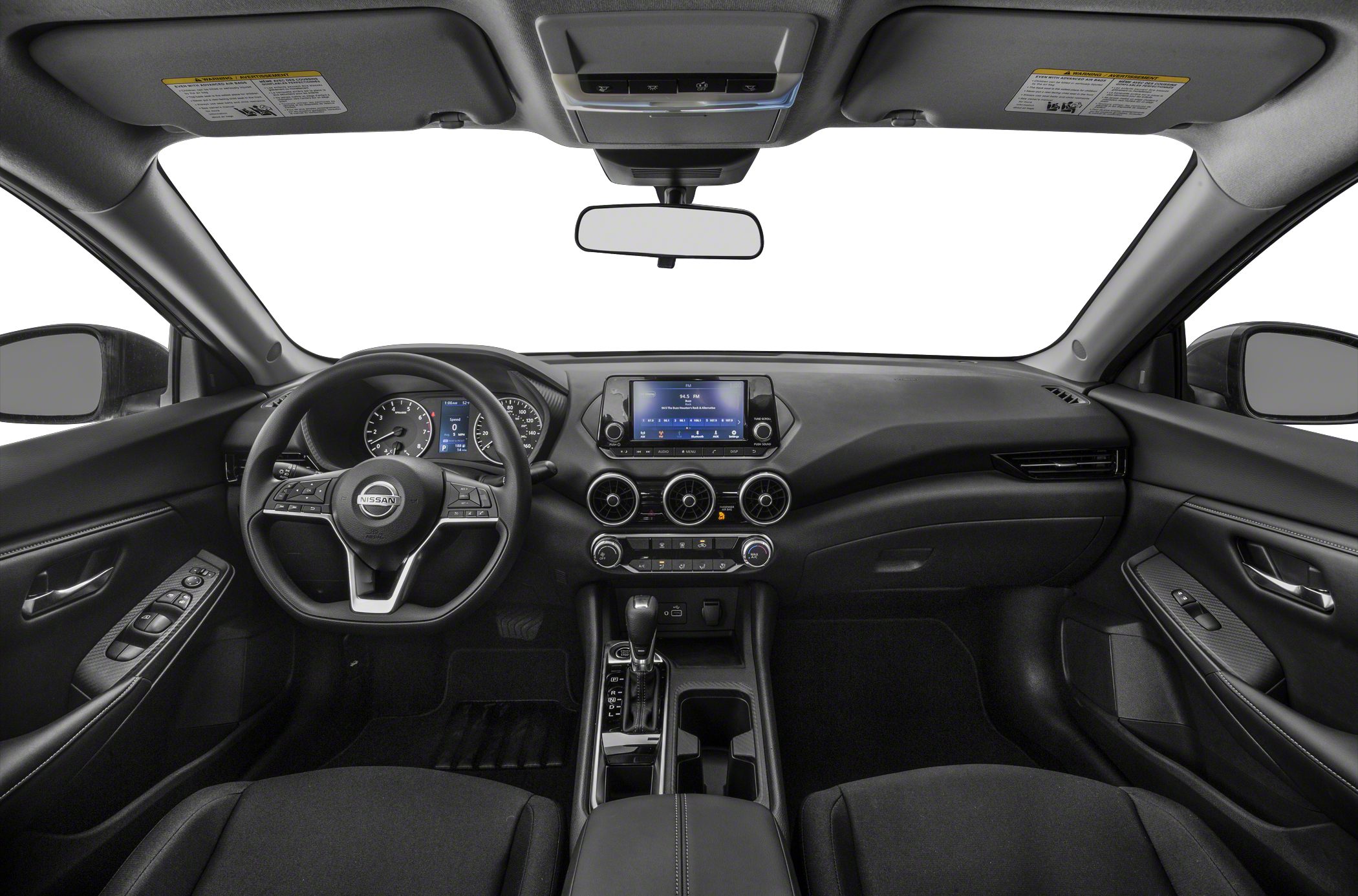 Car interior dashboard, steering wheel, and center console layout