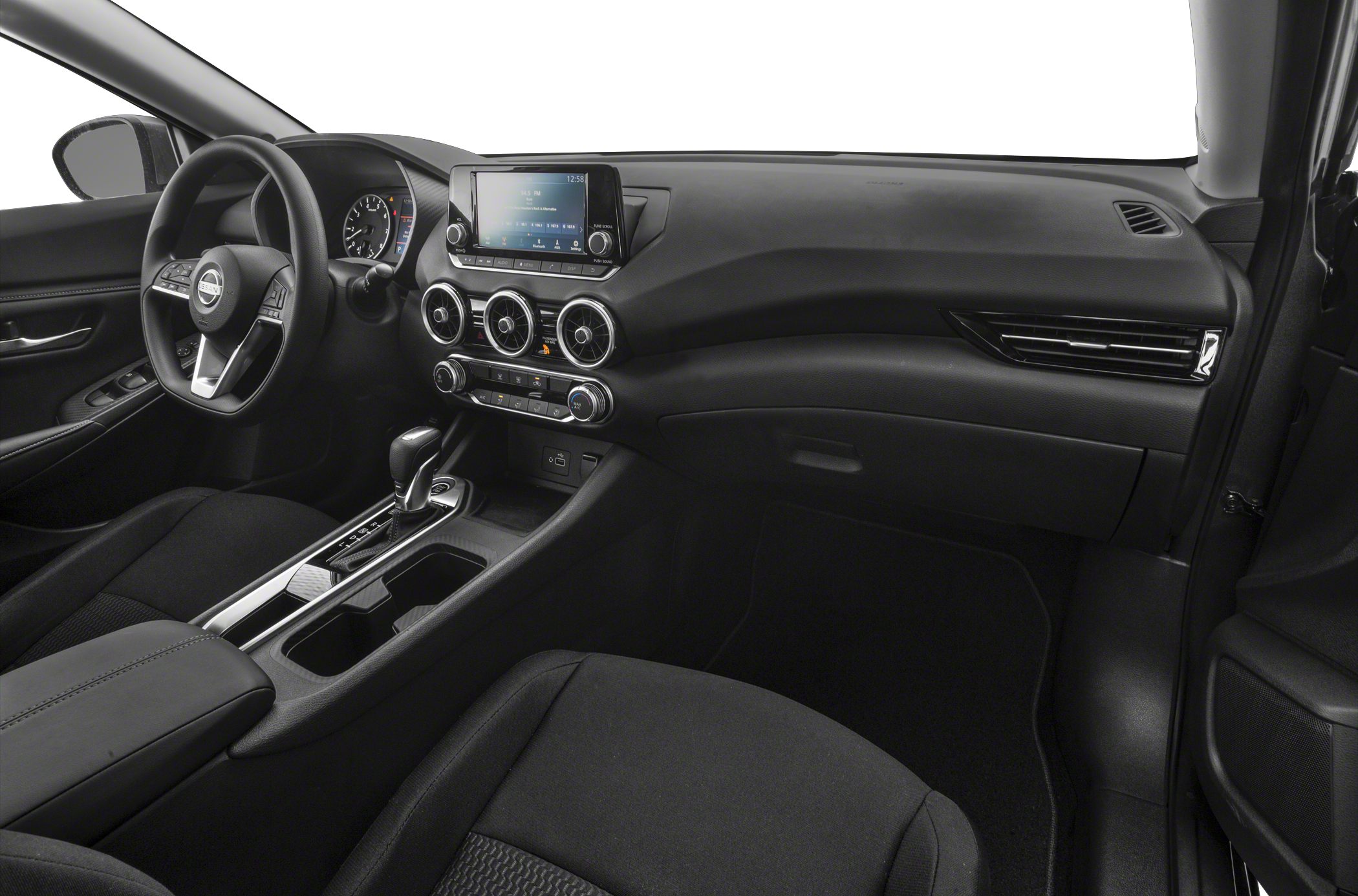 Modern car interior with touchscreen dashboard and circular air vents