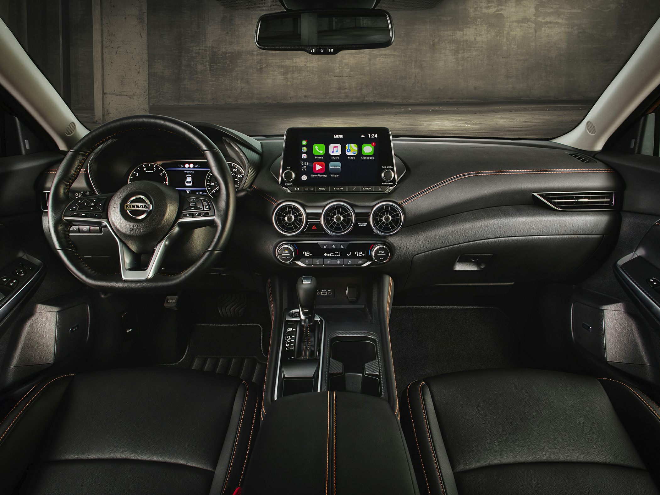 Steering wheel, dashboard, center console with infotainment screen
