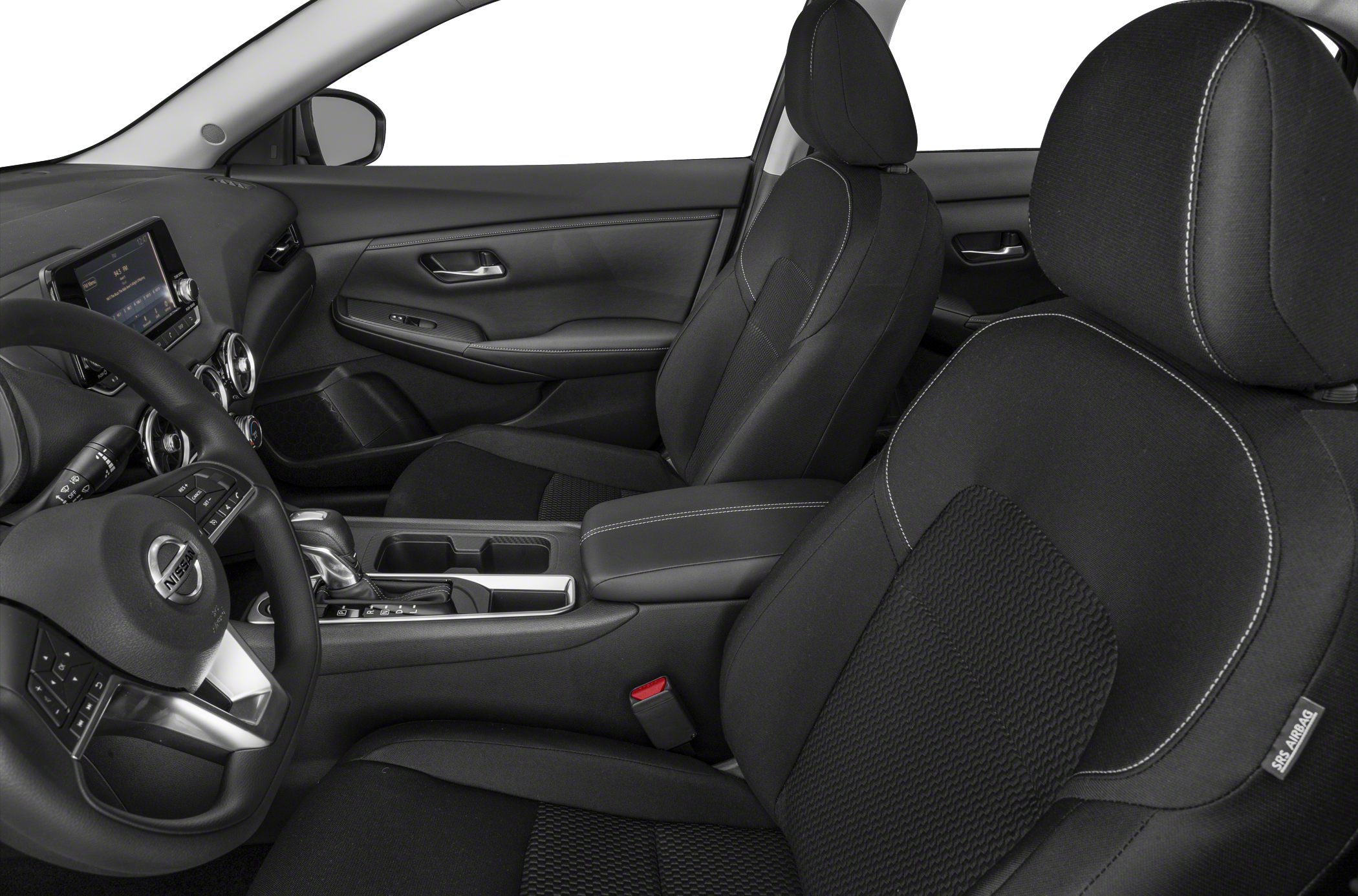 Modern dashboard, steering wheel, and front seats with detailed stitching