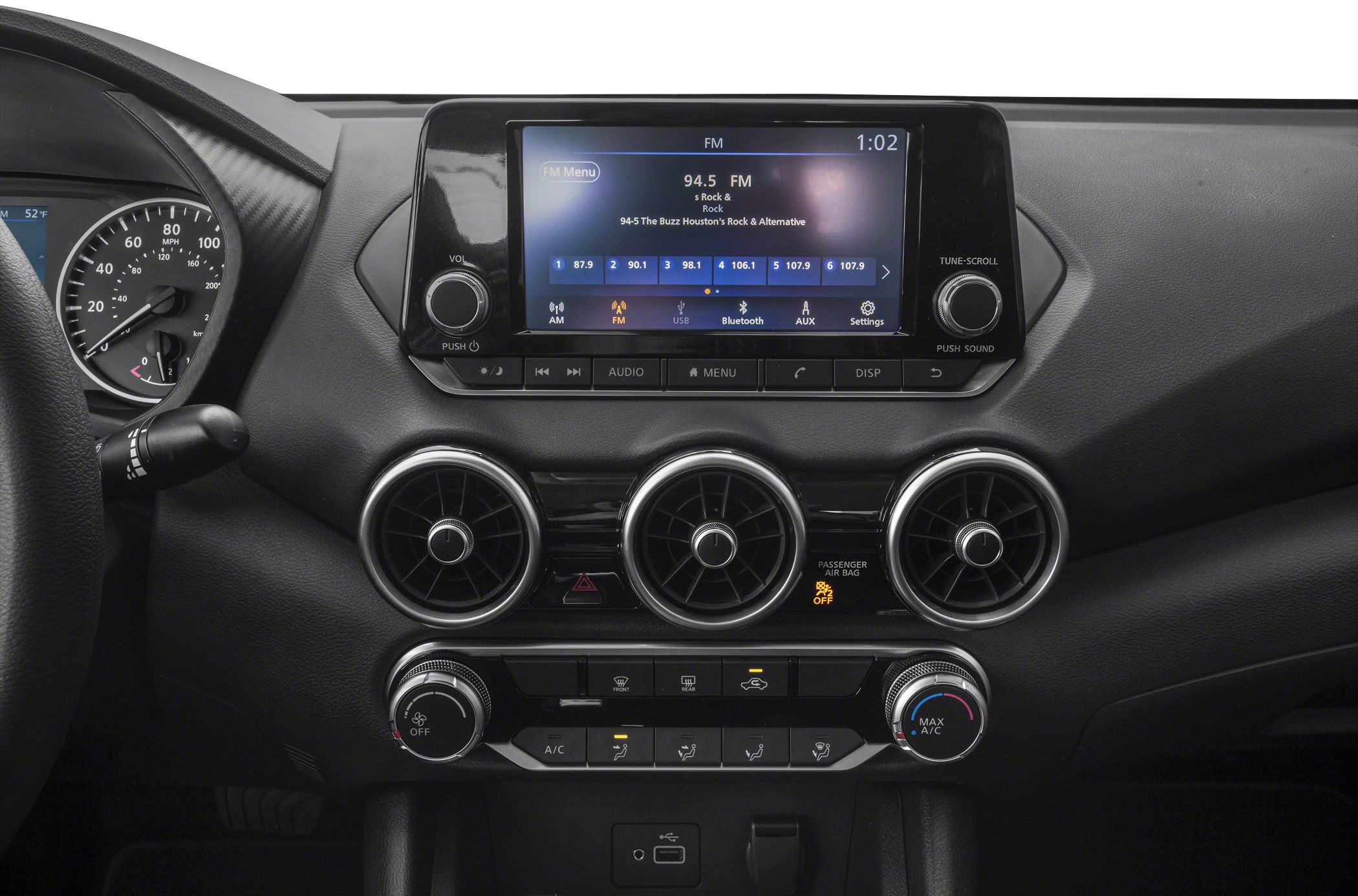 Touchscreen infotainment and triple circular air vents with climate controls