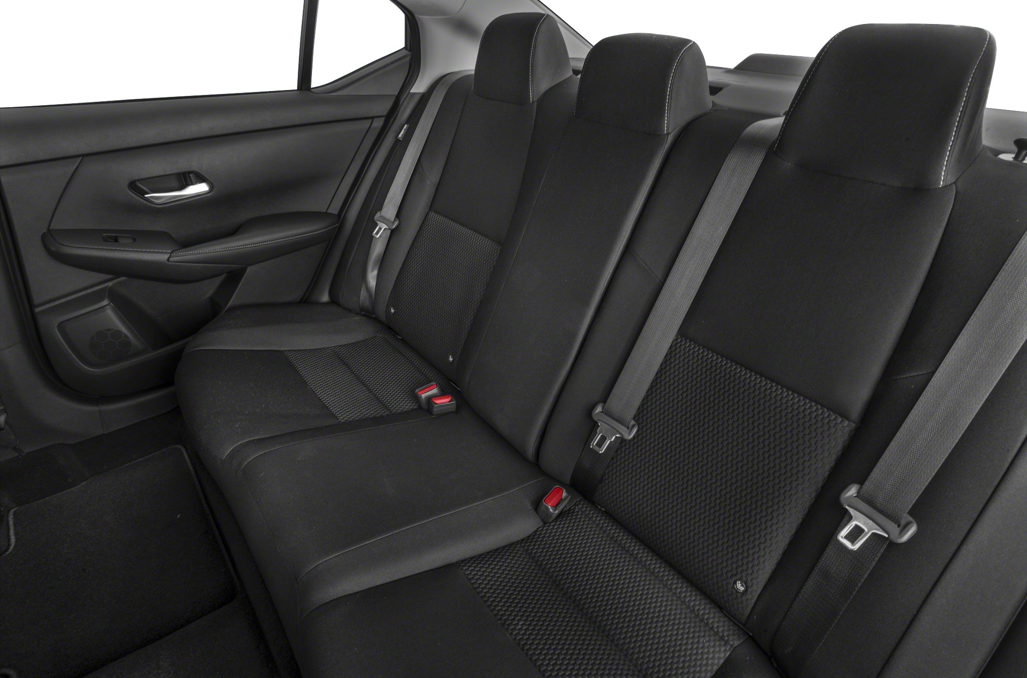 Black fabric rear seats with three-point seat belts and door panel.