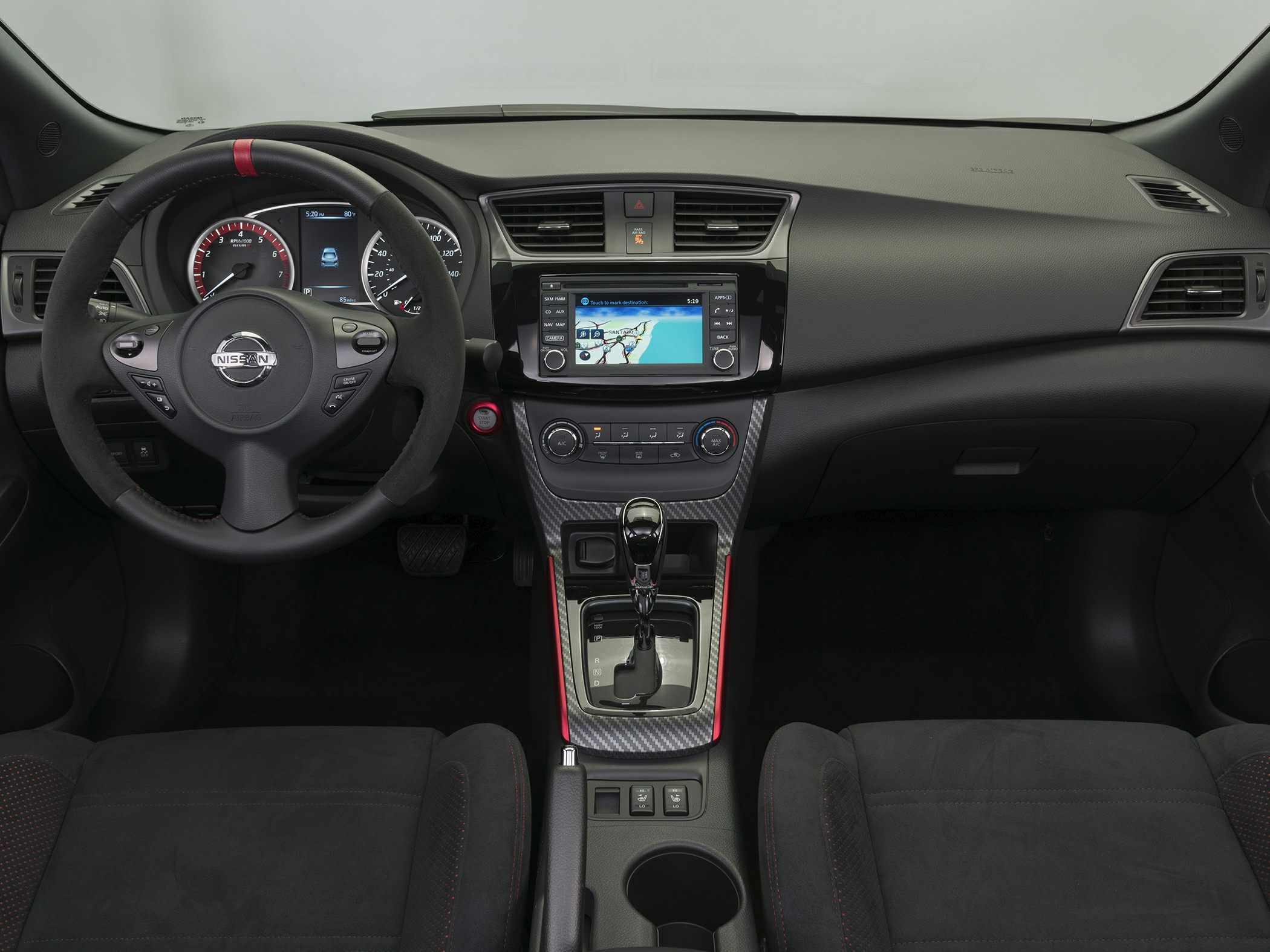 Dashboard, infotainment system, and center console with steering wheel controls