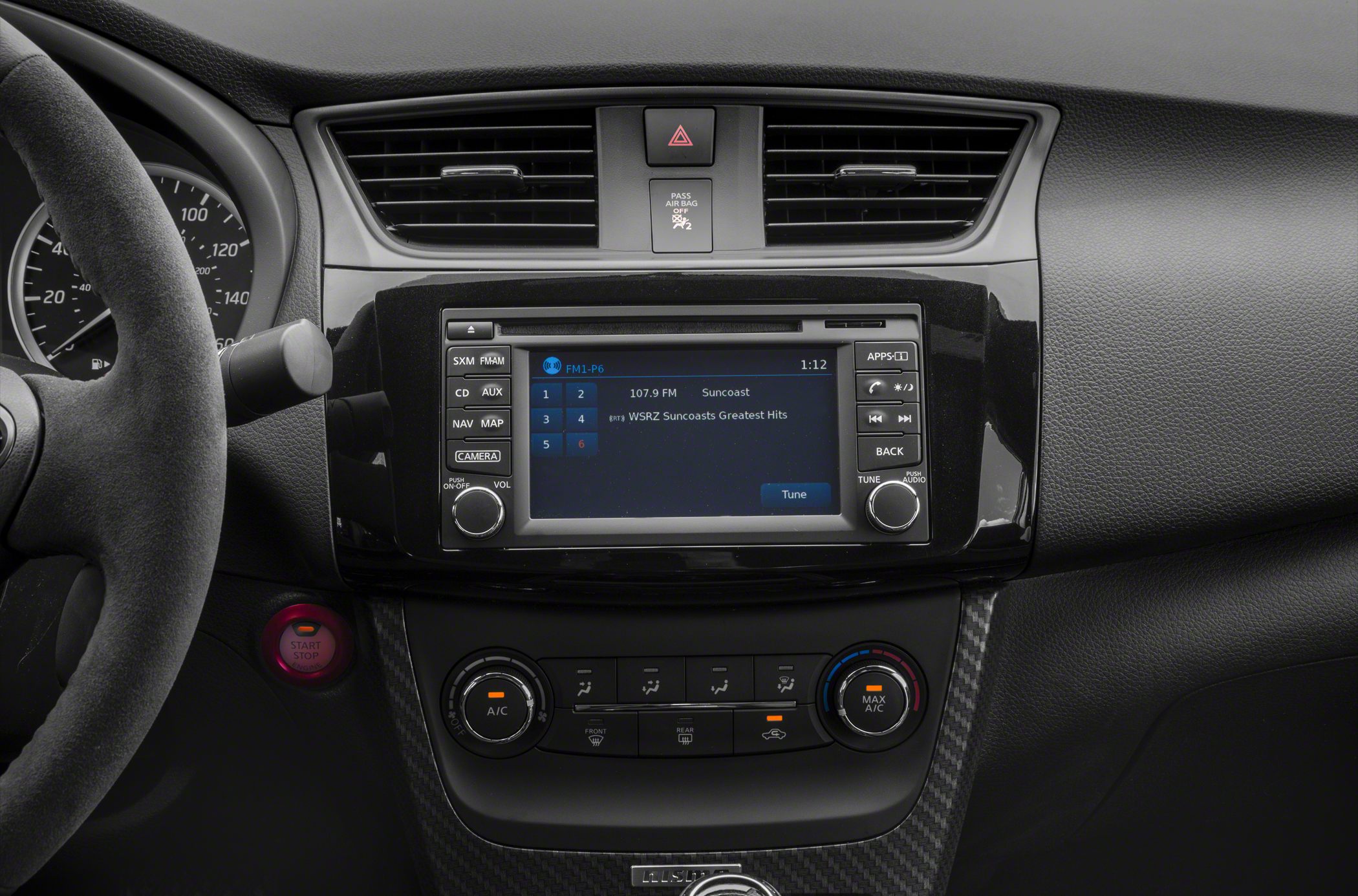 Infotainment screen and climate control with start-stop button