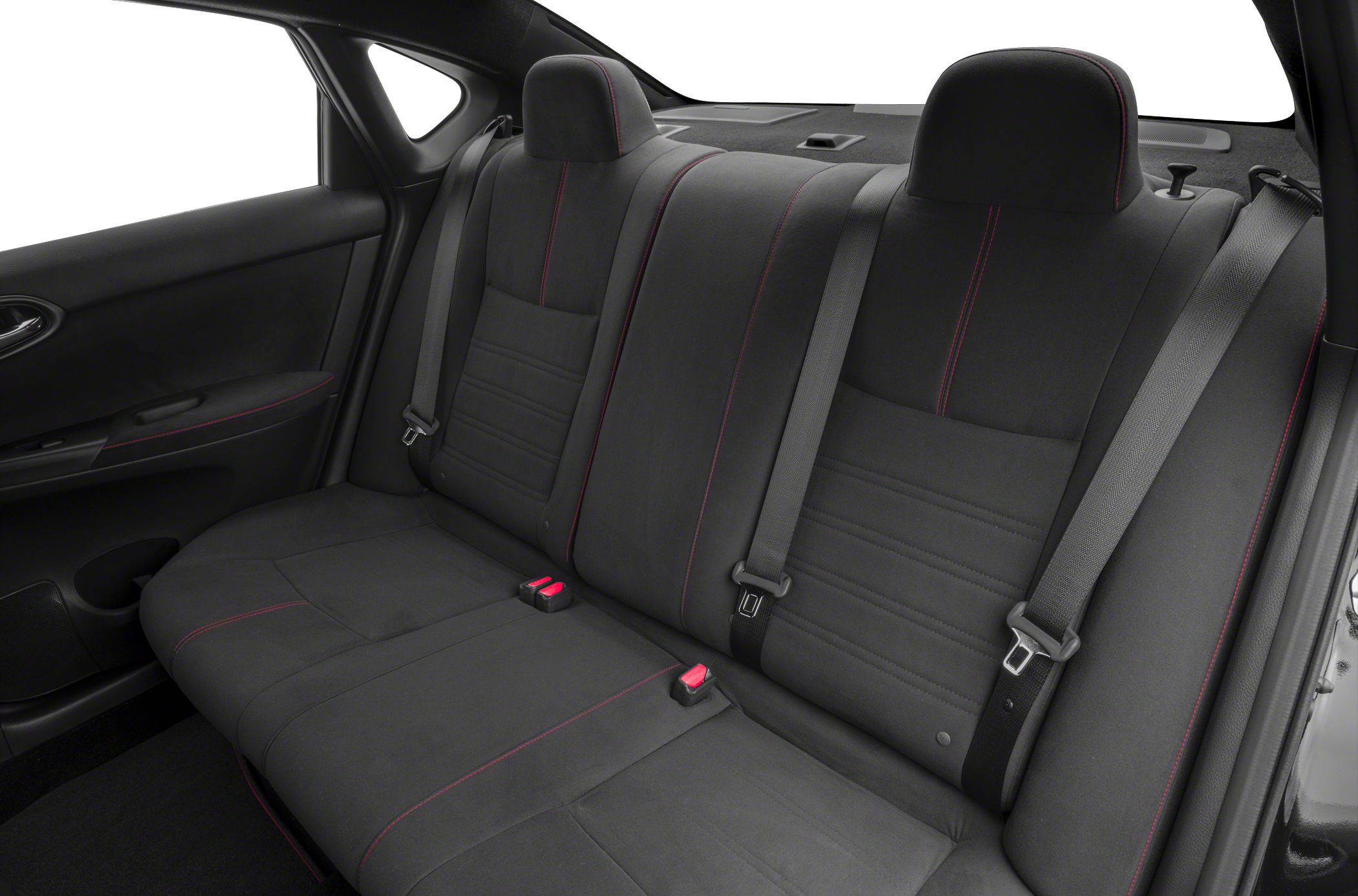 Black rear seats with red stitching and seat belts