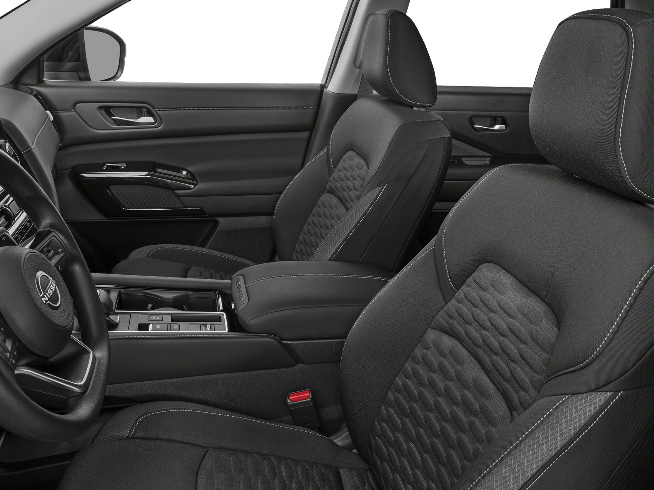 Black fabric front seats with patterned design and ergonomic armrest.