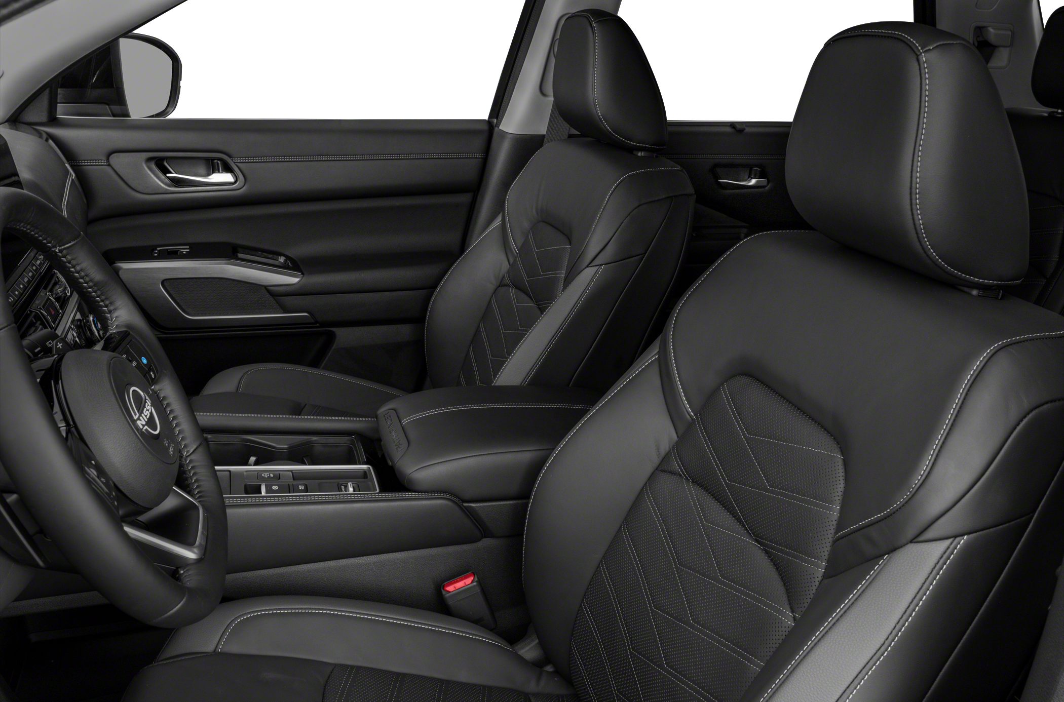 Premium front leather seats with detailed stitching and modern cabin design