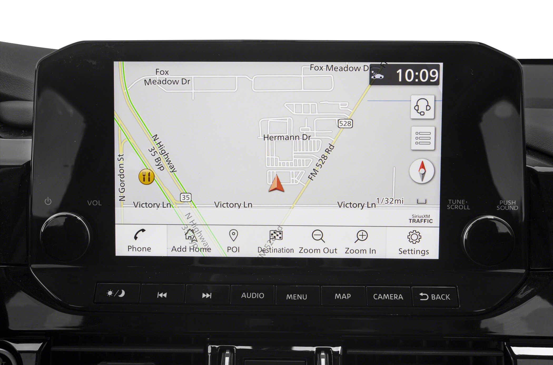 Touchscreen navigation display with map, controls, and traffic updates