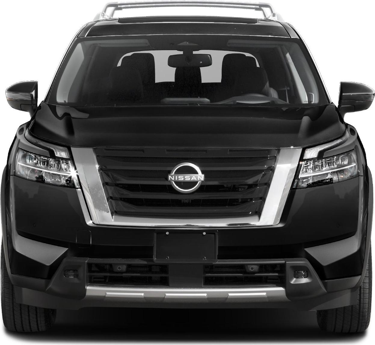 Front view of SUV showcasing grille, LED headlights, and roof rack.