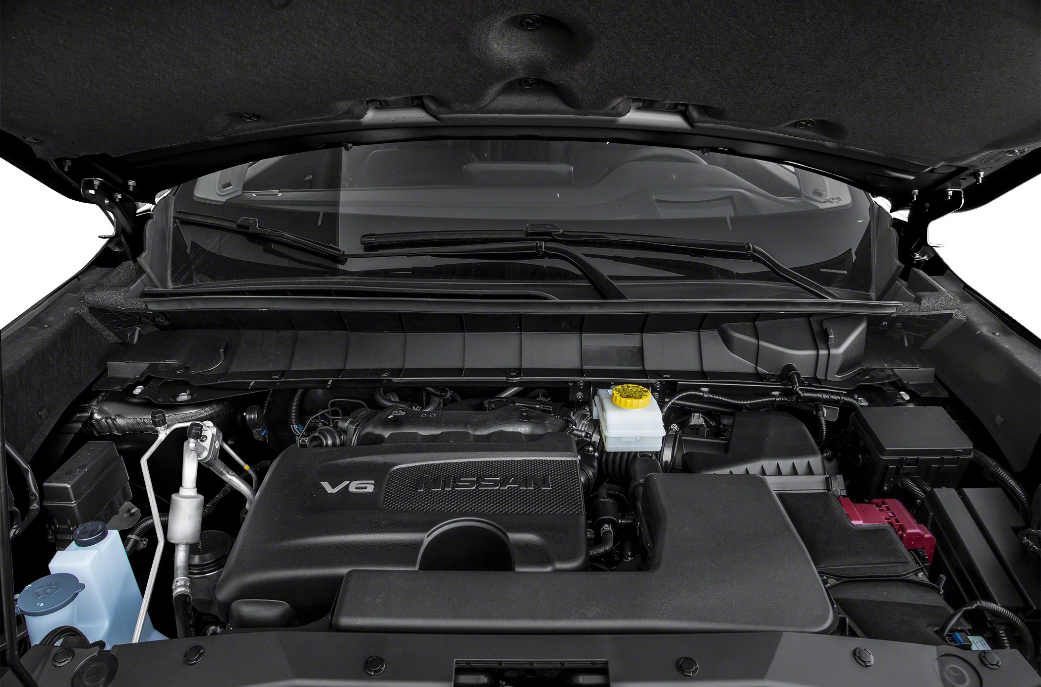 Engine bay with V6 engine cover and fluid reservoirs