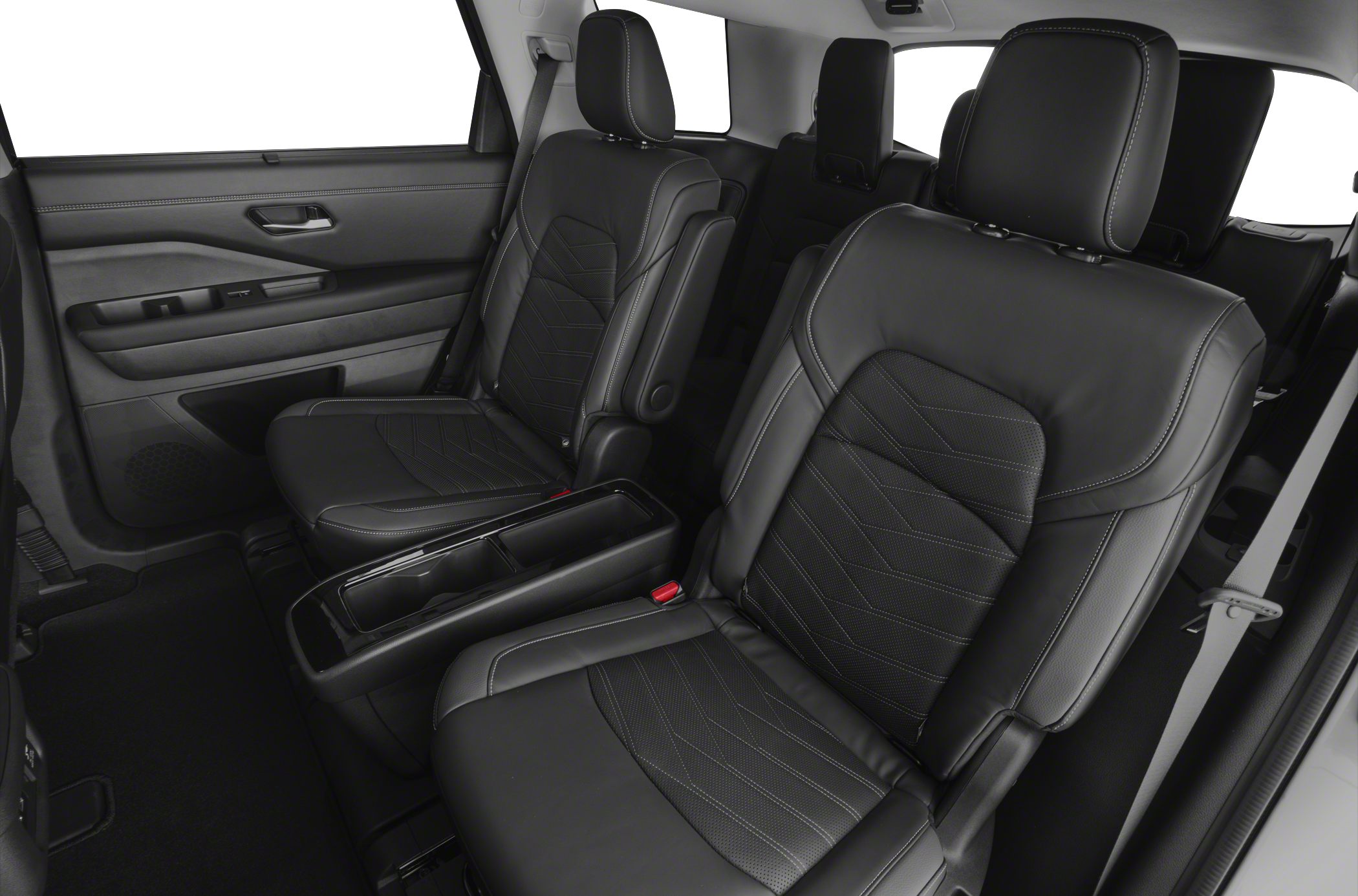 Black leather rear captain seats with stitching and center console