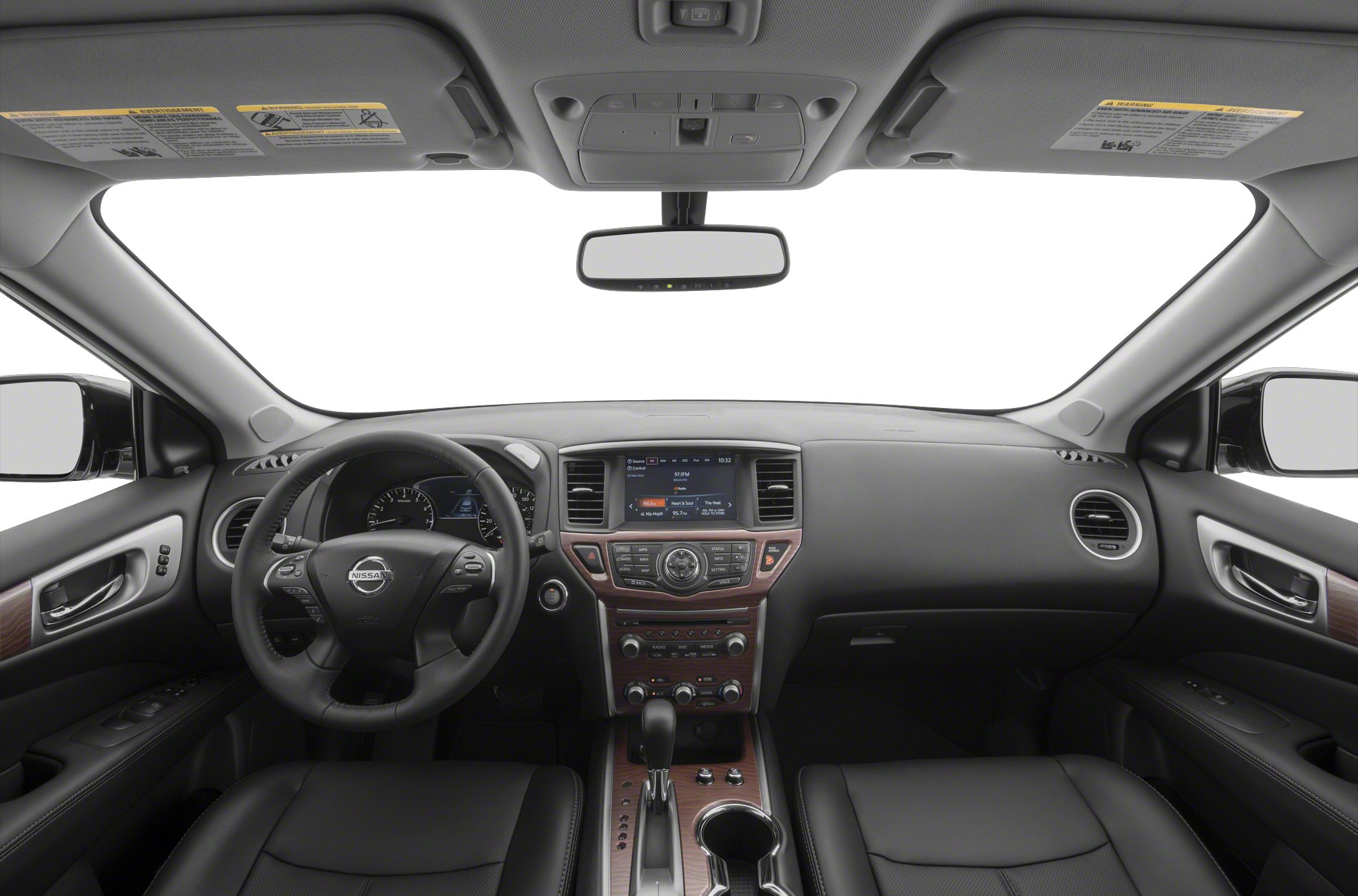 Dashboard, steering wheel, center console with wood trim and infotainment screen
