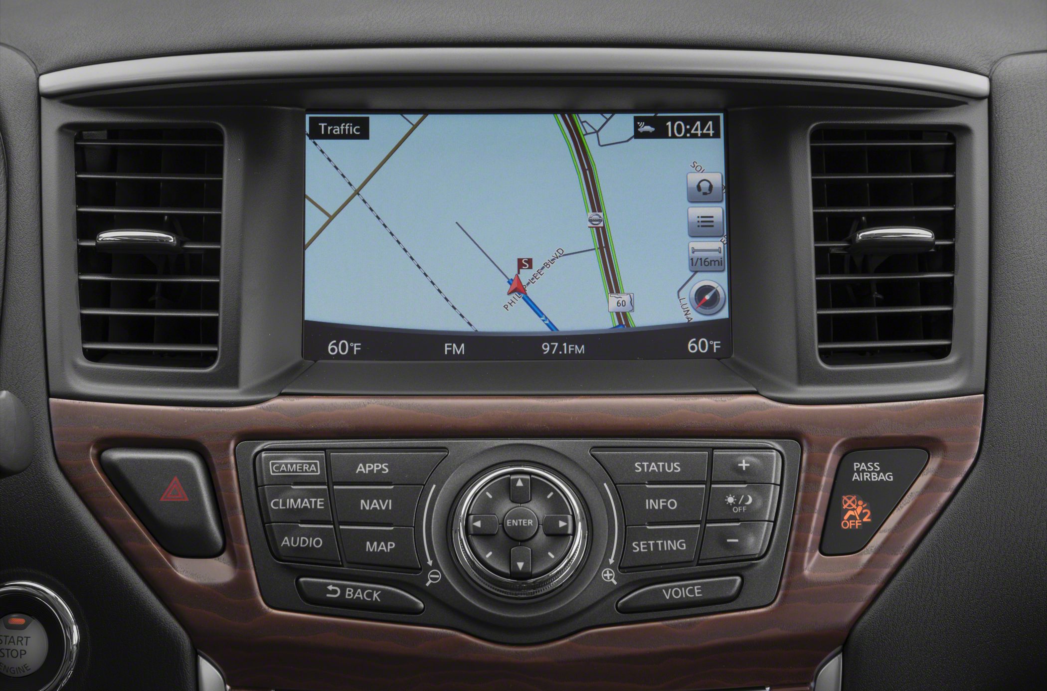 Car navigation screen with control buttons and air vents