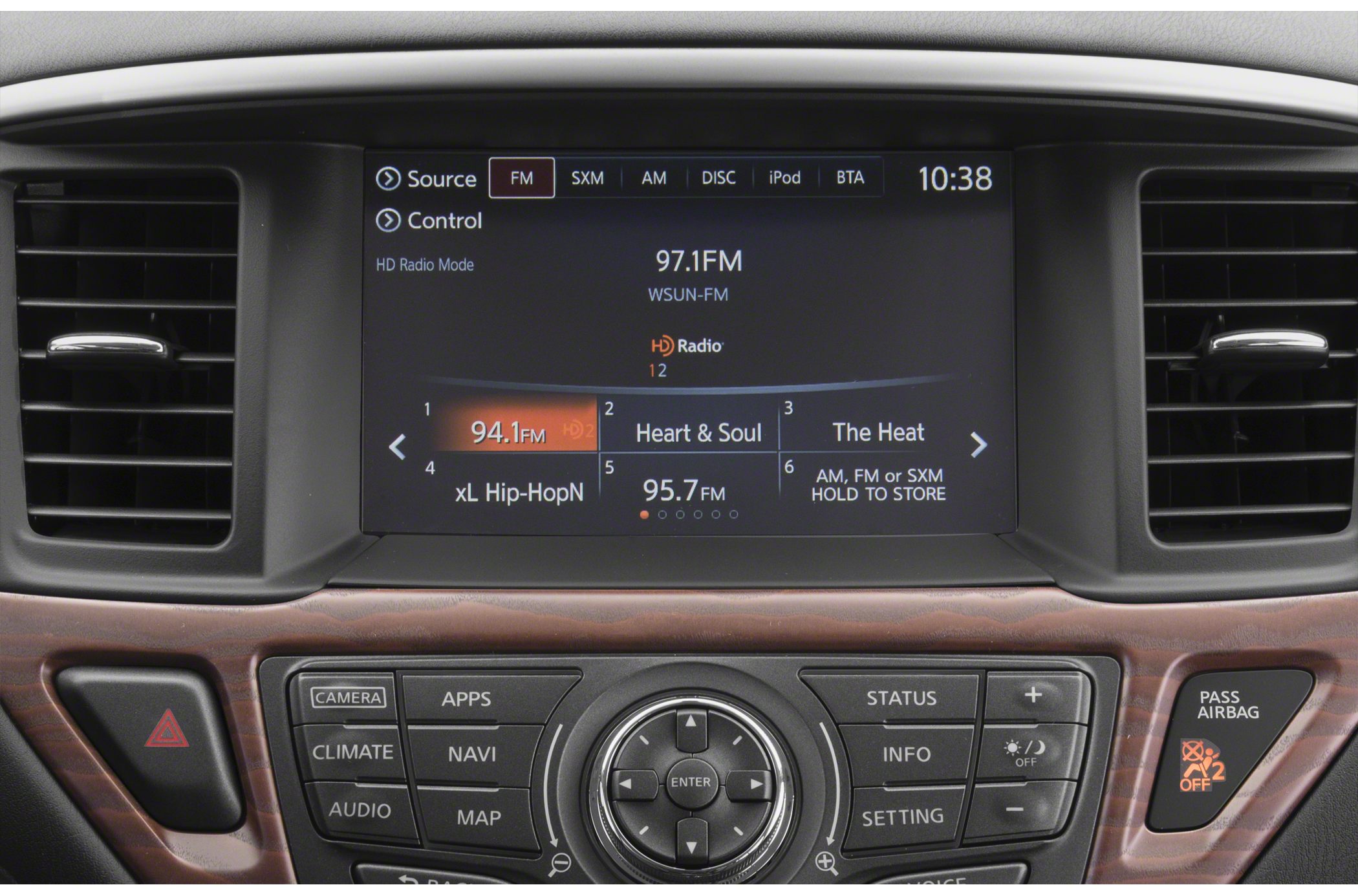 Infotainment touchscreen and control panel with navigation and media options