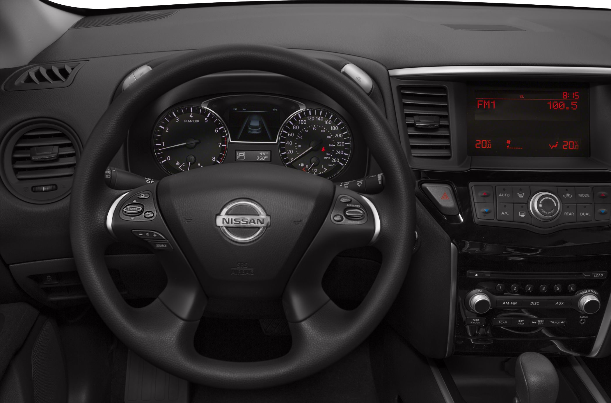 Steering wheel with instrument cluster and center console controls