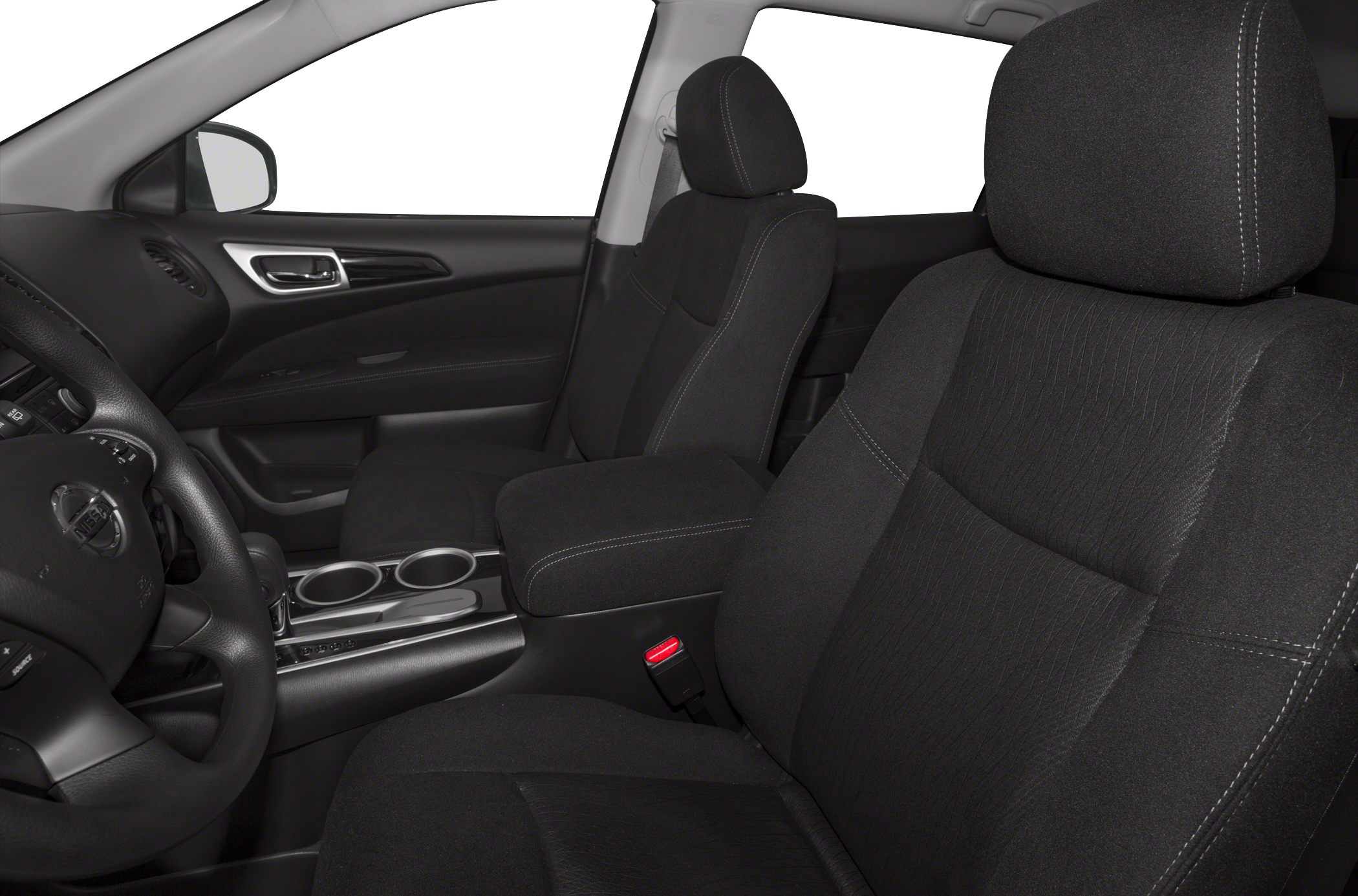 Front interior seats and center console with cup holders