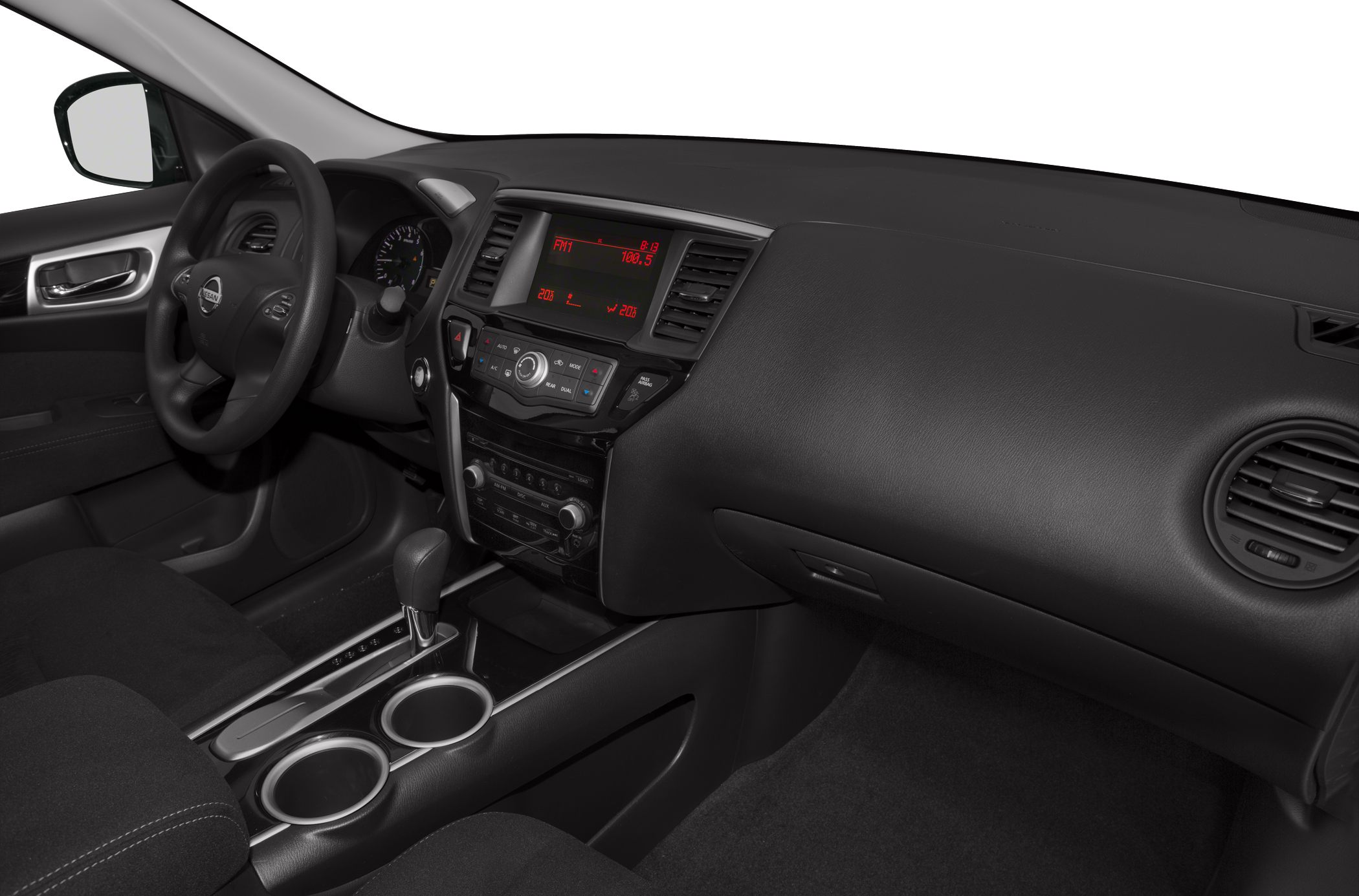 Car interior dashboard and center console with steering wheel and gear shifter