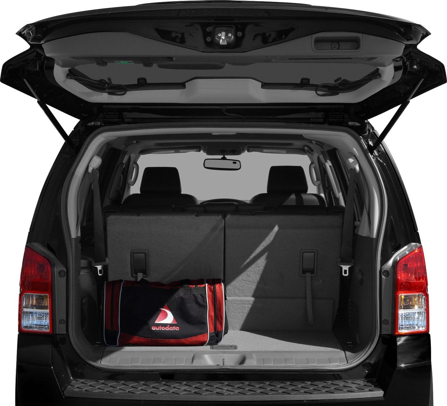 Open rear cargo area with back seats and a bag inside