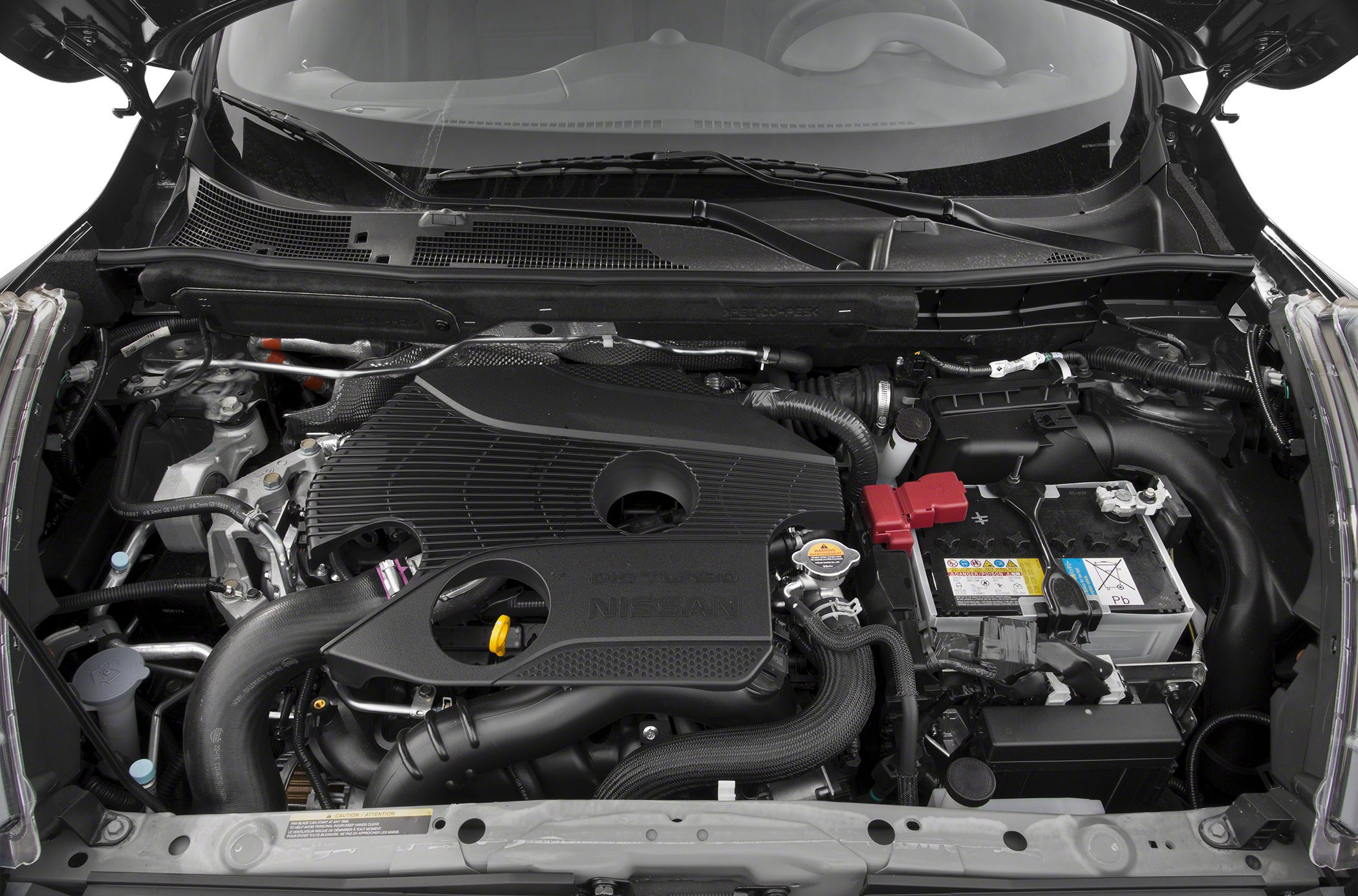 Engine compartment with covered engine and battery layout