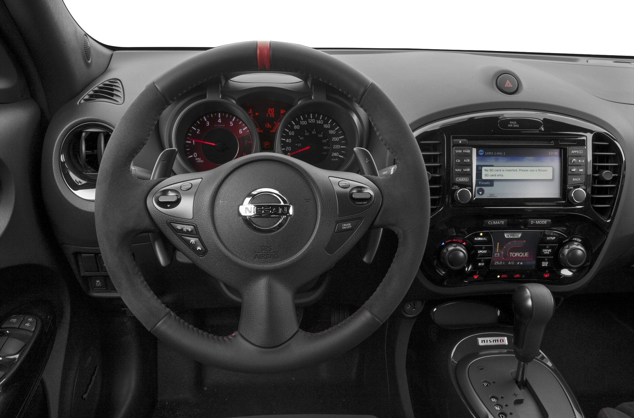 Steering wheel, instrument cluster, and central dashboard with controls