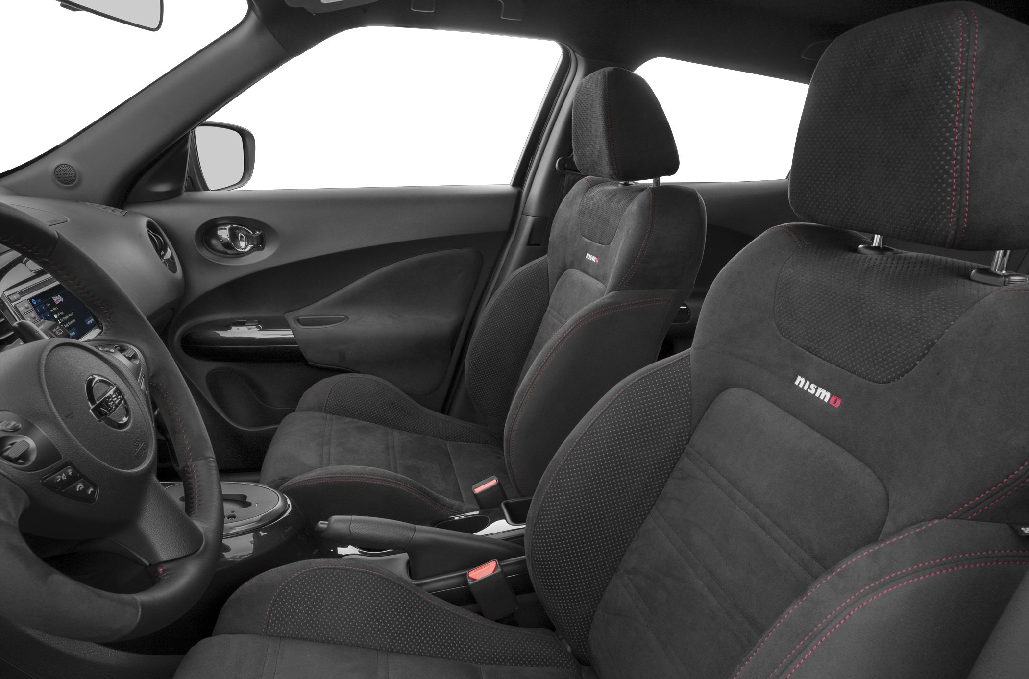 Black Nismo seats with red stitching and ergonomic design
