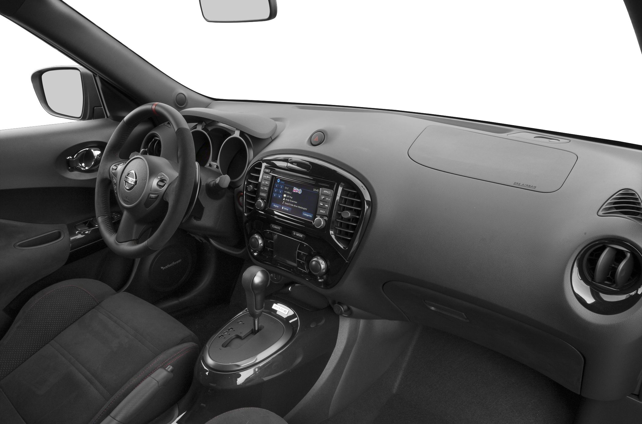 Dashboard with touchscreen console, steering wheel, and gear shifter
