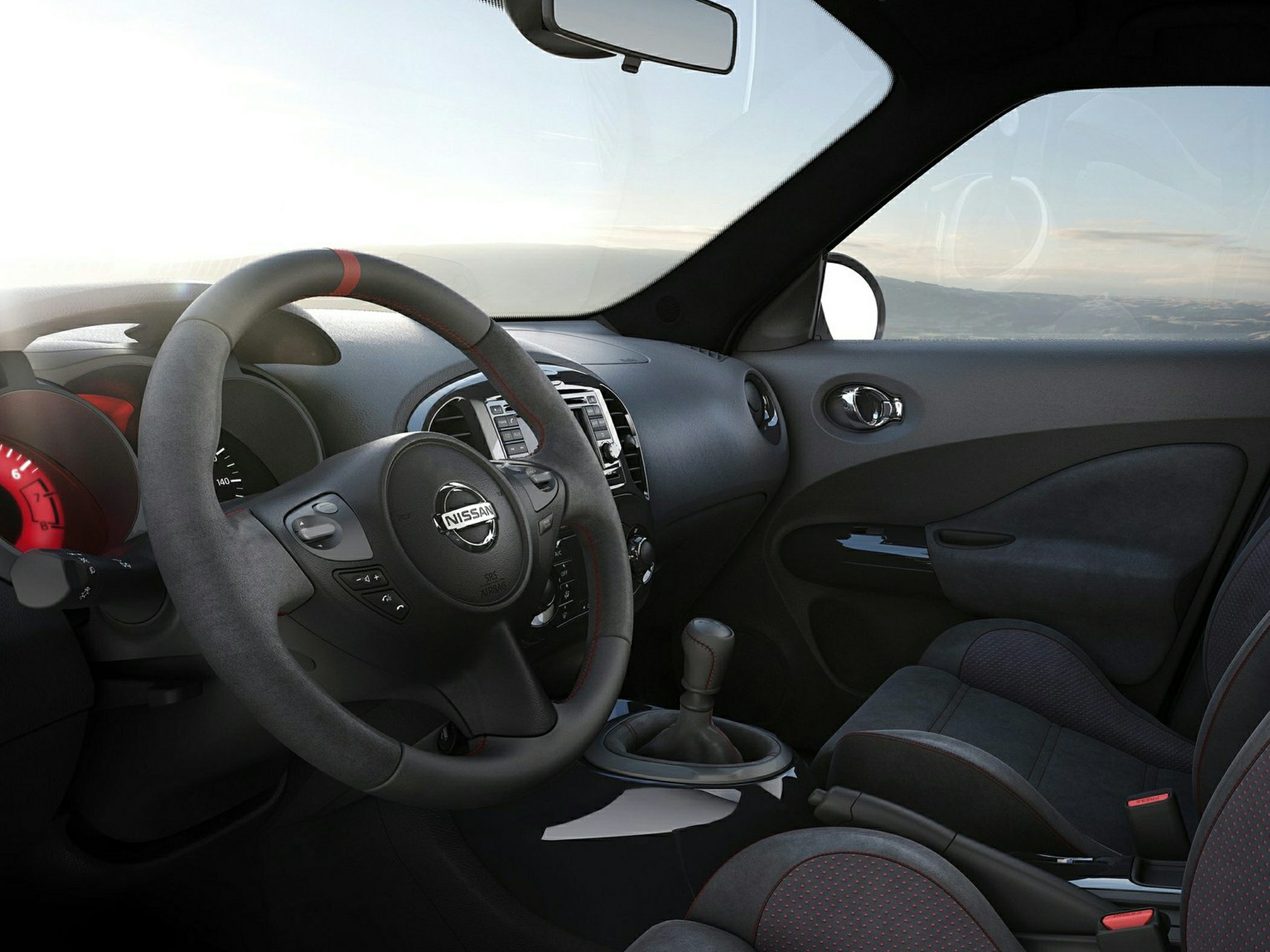 Steering wheel and manual gear shift in car interior