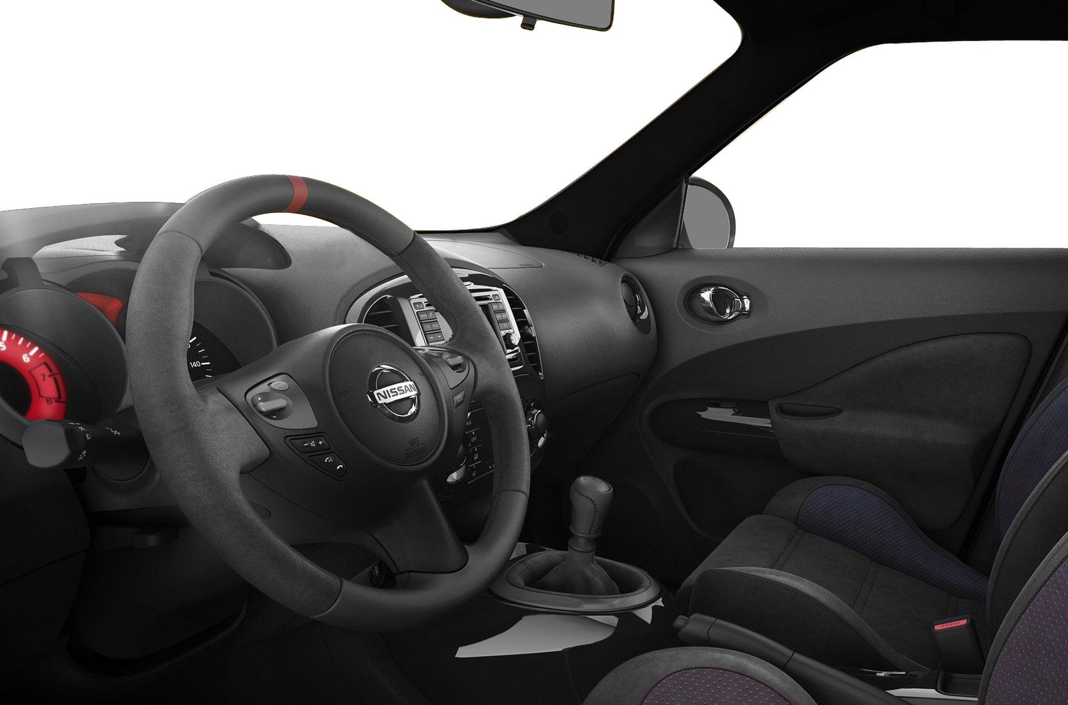 Manual transmission and sports steering wheel in car interior