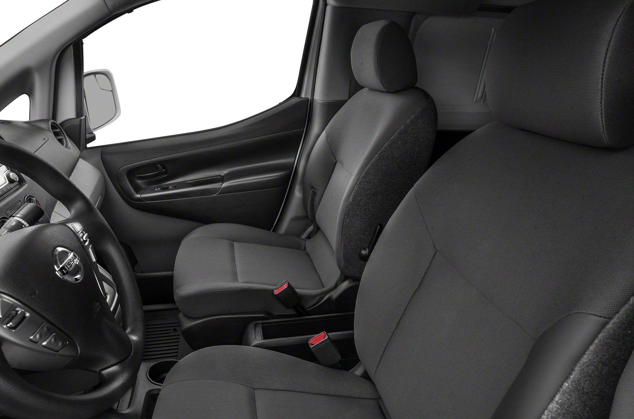 Front seats and dashboard interior of a compact van