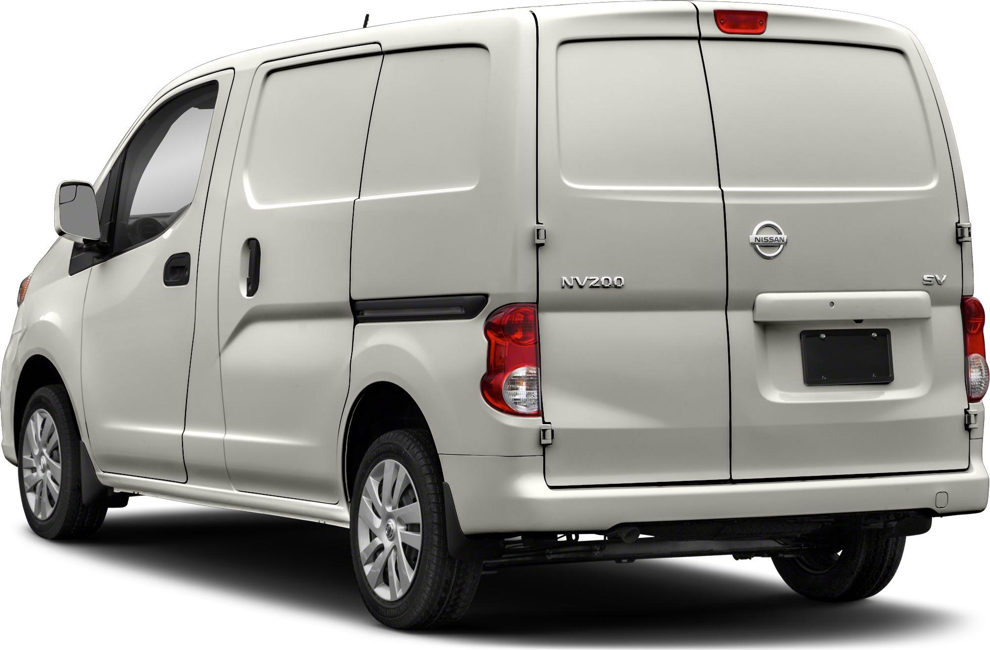 Rear and side view of a compact panel van with sliding side door and split rear doors