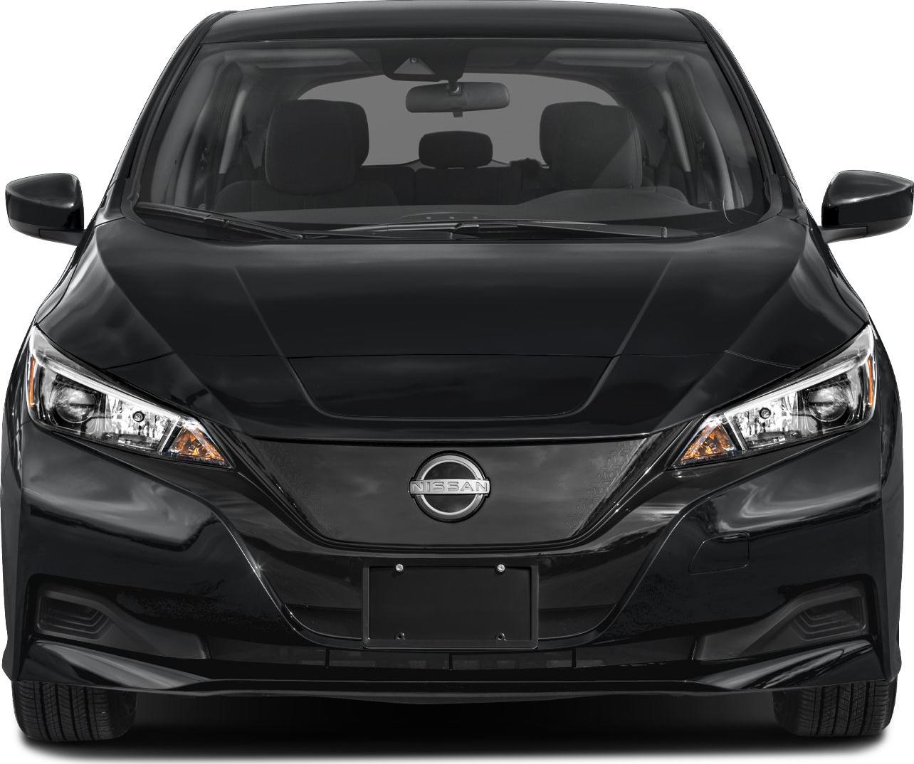 Front view of black electric vehicle with sharp headlights and aerodynamic design